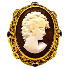 Art Nouveau Style Handcrafted Shel Cameo Ruby Yellow Gold Cocktail Ring
