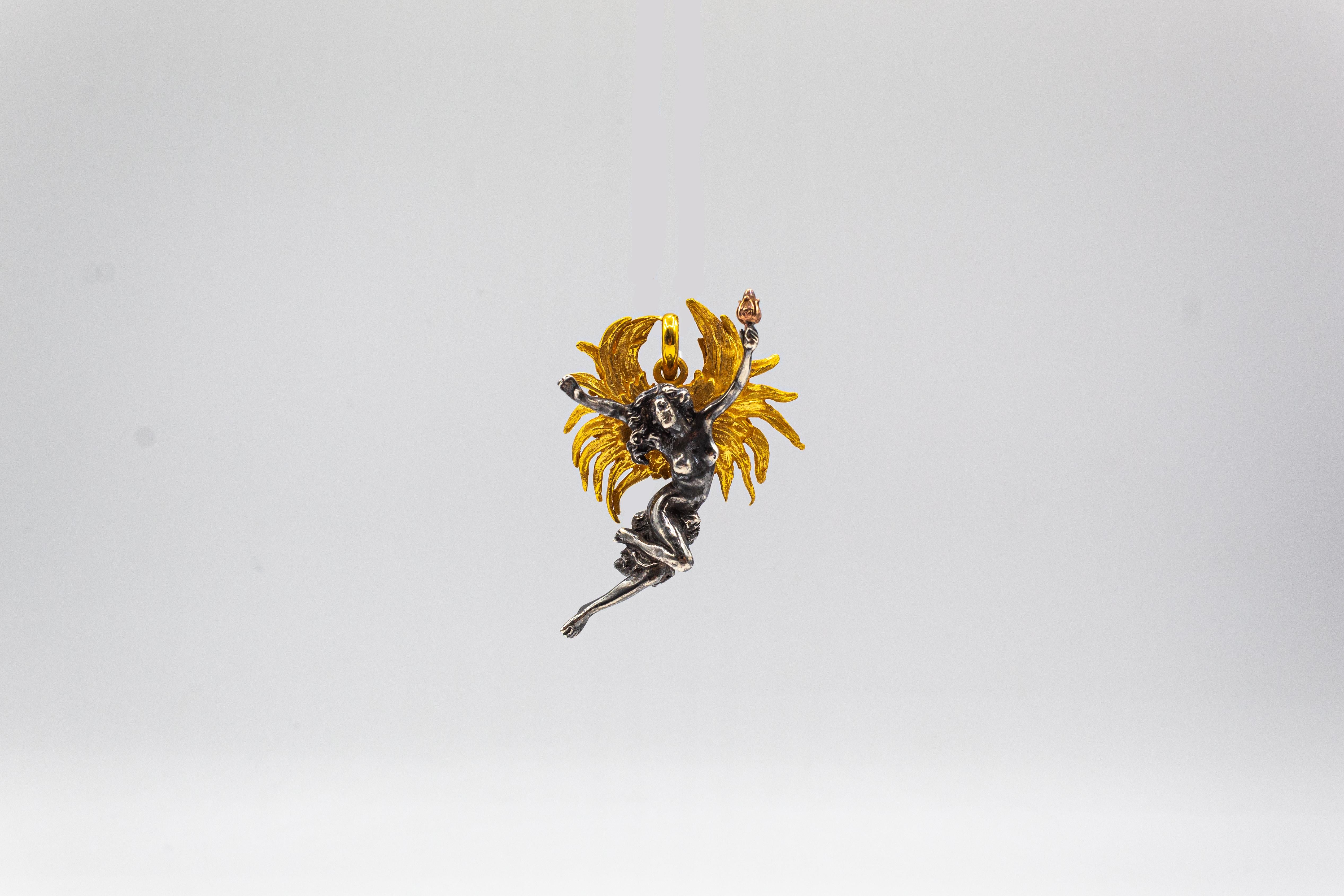Art Nouveau Style Handcrafted Sterling Silver Yellow Gold Pendant Necklace In New Condition For Sale In Naples, IT