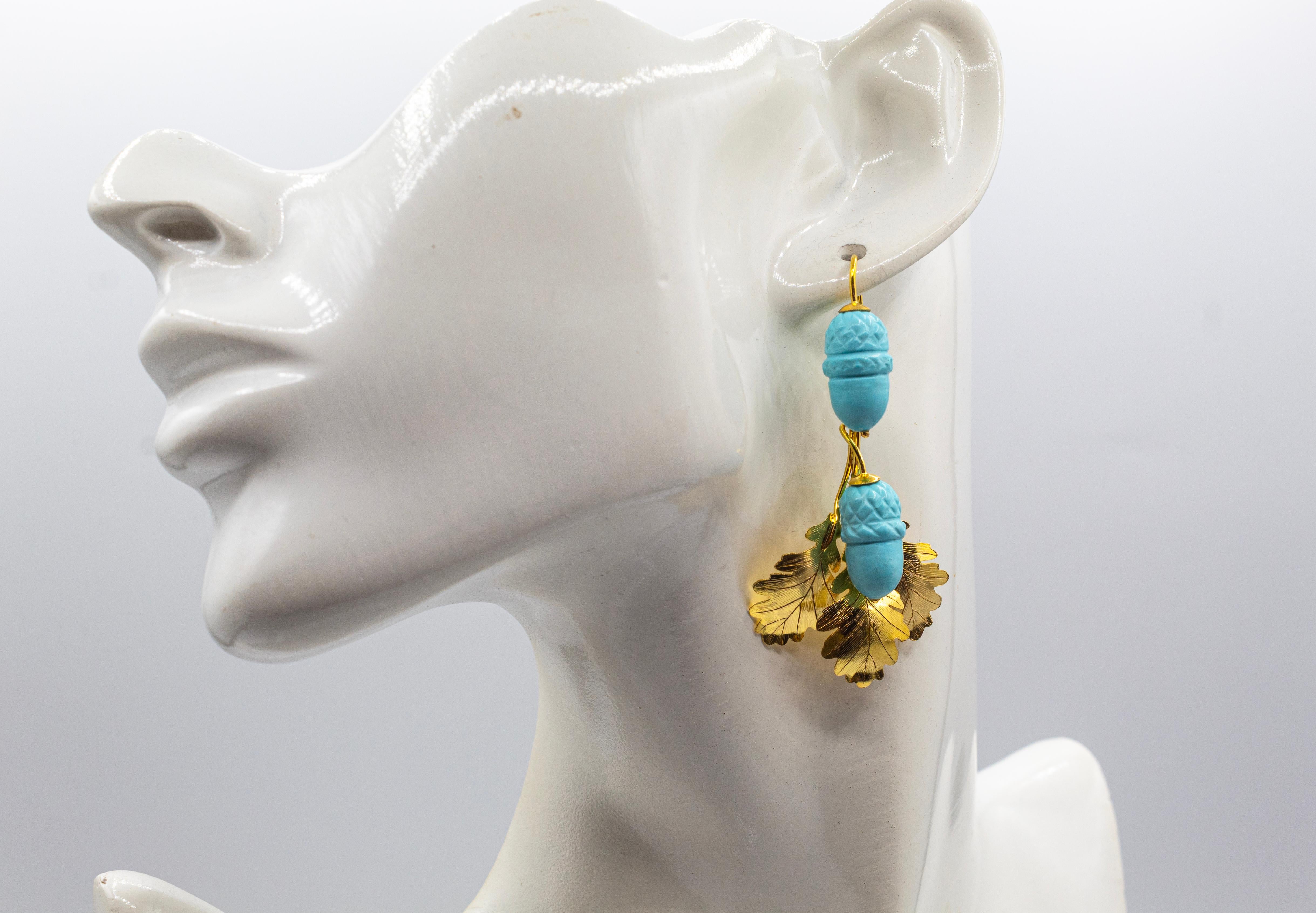 Art Nouveau Style Handcrafted Turquoise Yellow Gold Drop 