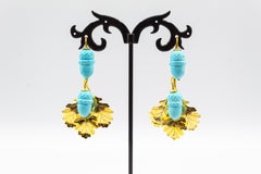 Art Nouveau Style Handcrafted Turquoise Yellow Gold Drop "Acorn" Earrings