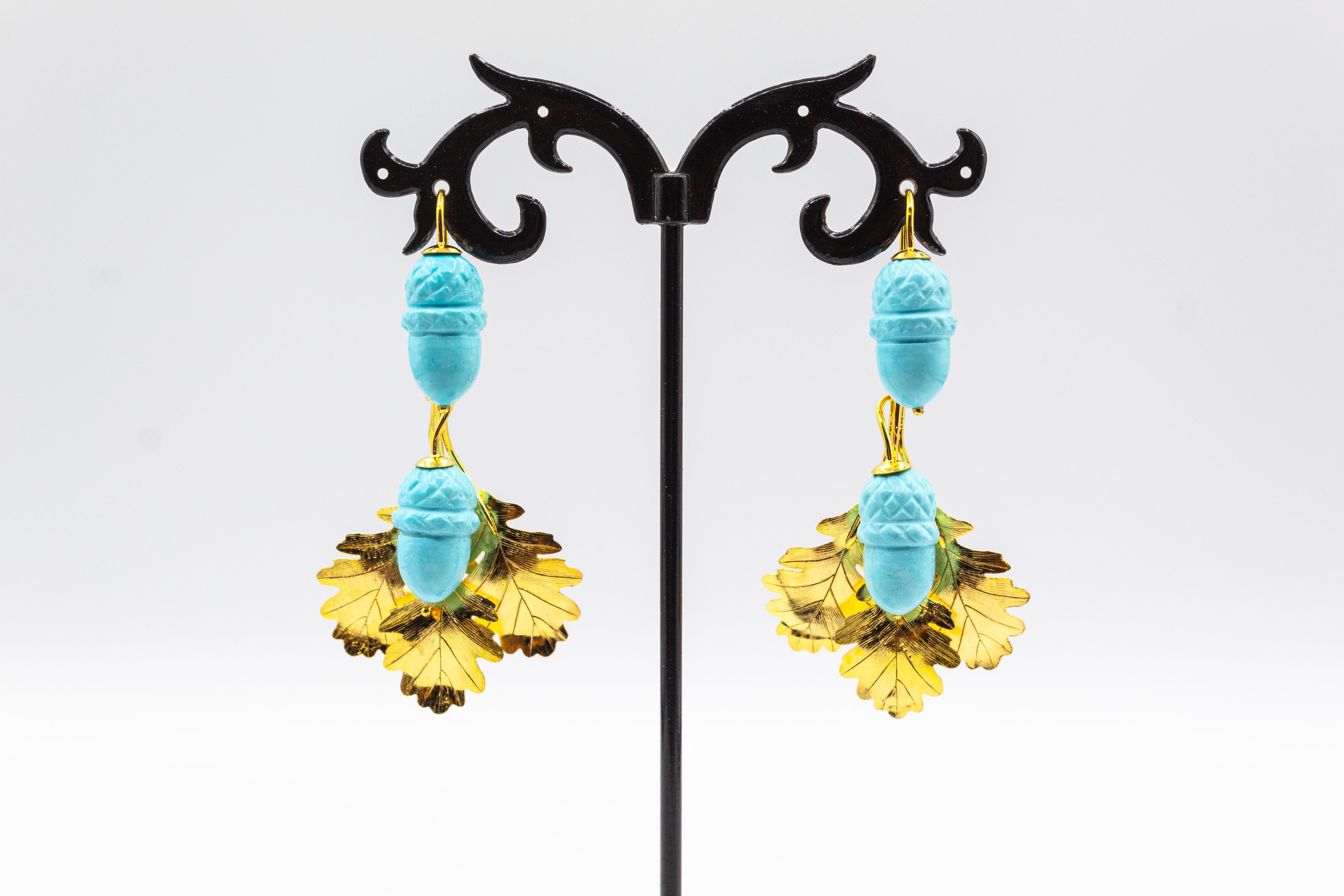 Mixed Cut Art Nouveau Style Handcrafted Turquoise Yellow Gold Drop 
