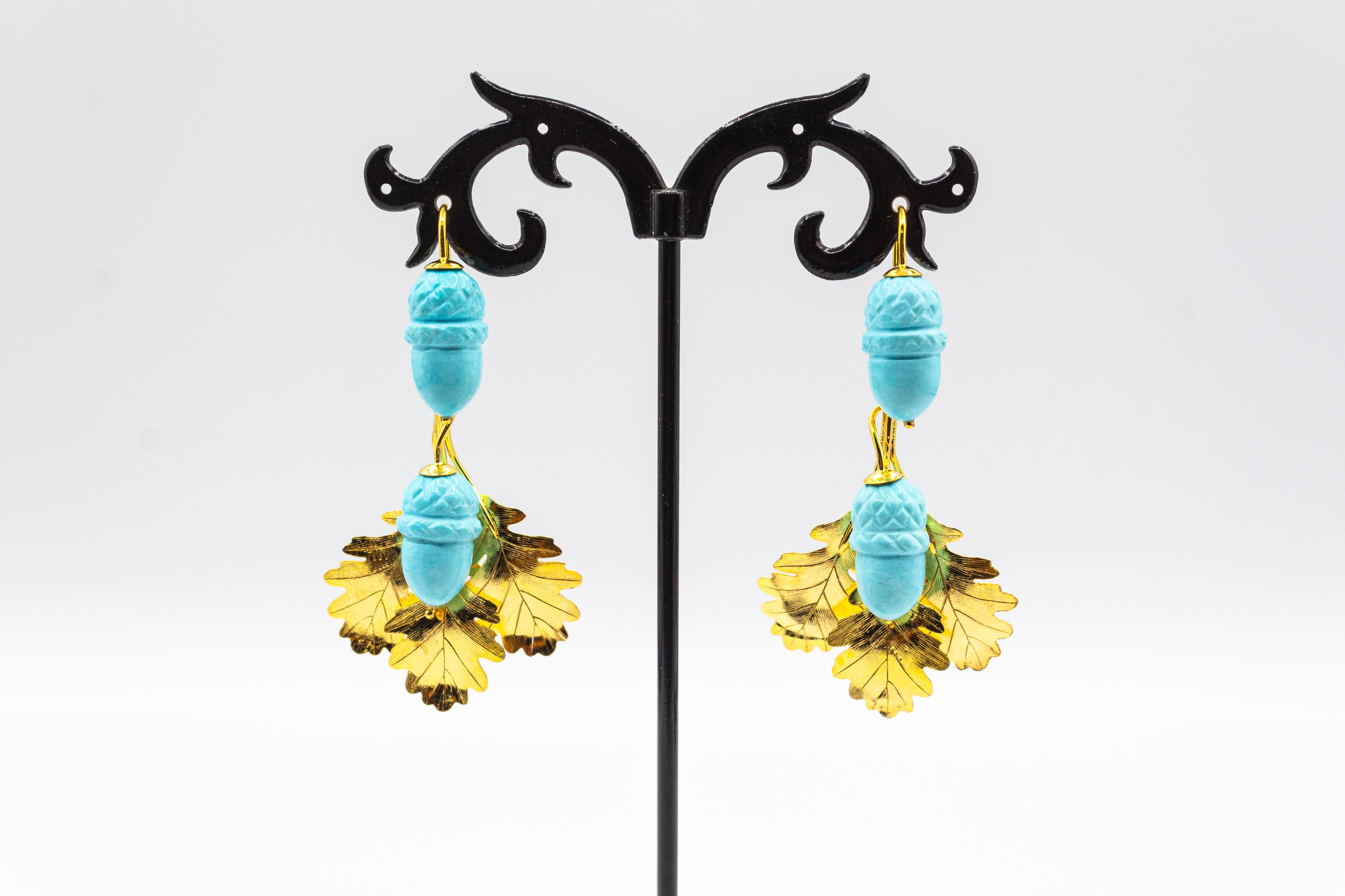 Art Nouveau Style Handcrafted Turquoise Yellow Gold Drop 