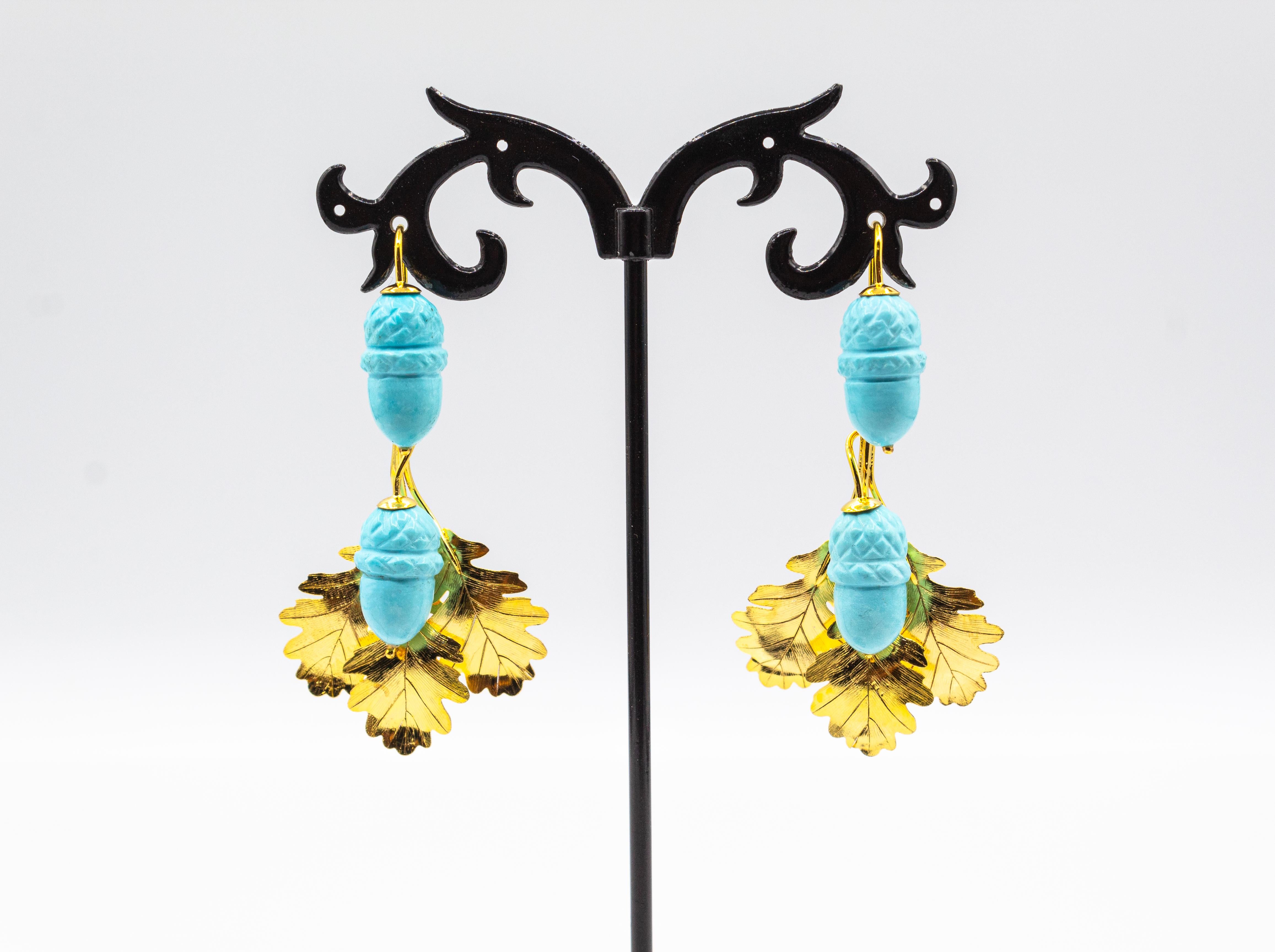 Women's or Men's Art Nouveau Style Handcrafted Turquoise Yellow Gold Drop 