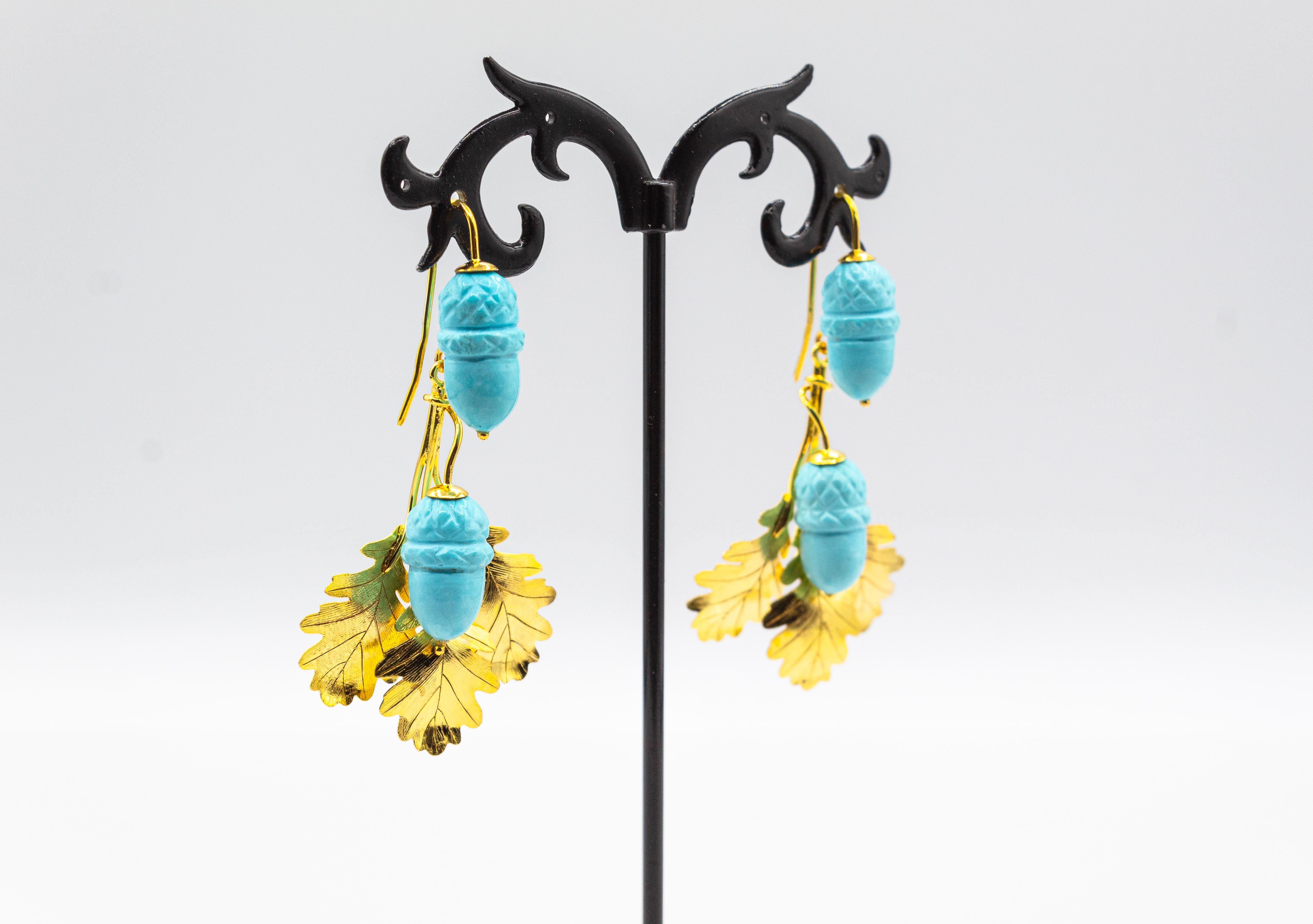 Art Nouveau Style Handcrafted Turquoise Yellow Gold Drop 