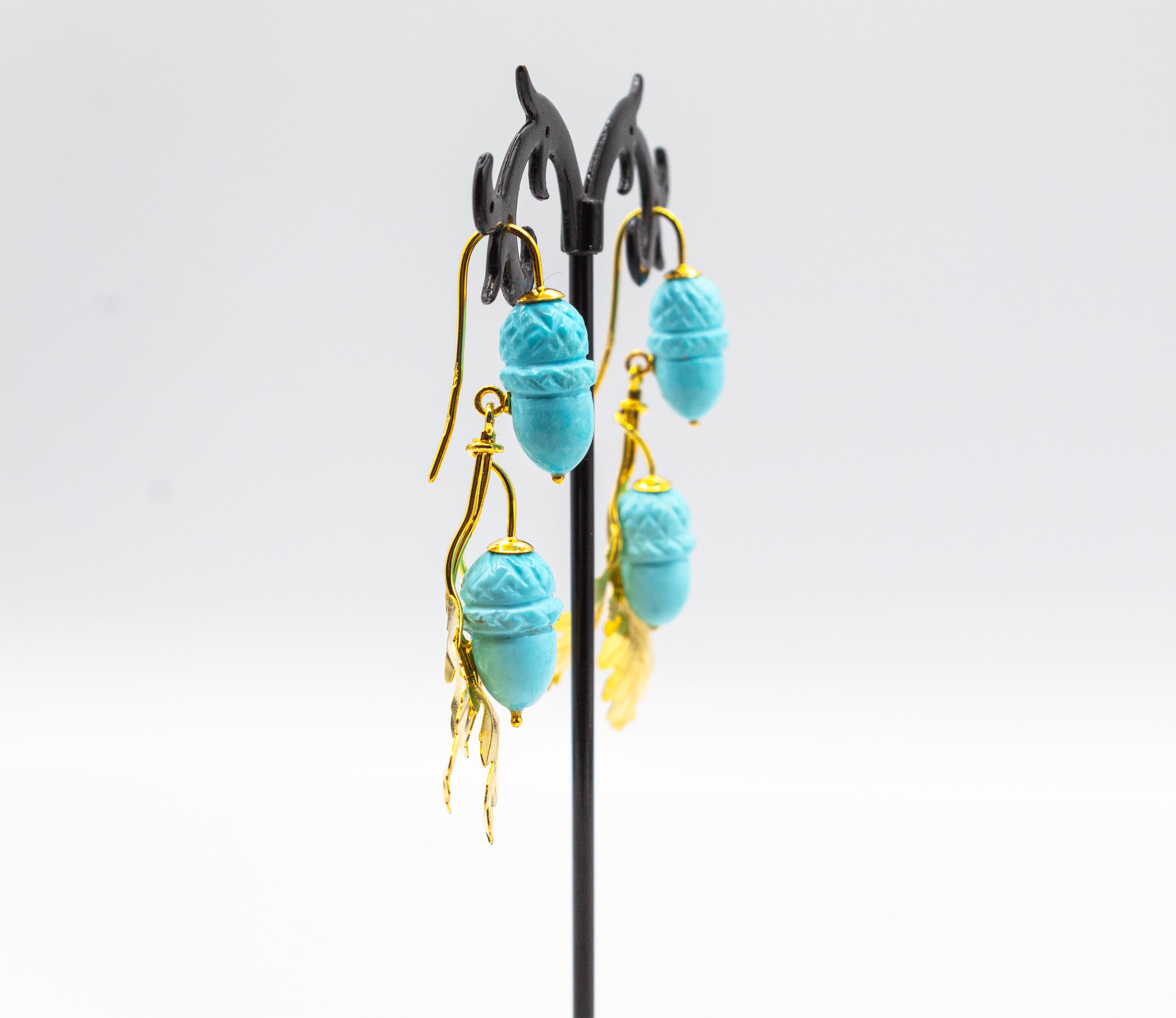 Art Nouveau Style Handcrafted Turquoise Yellow Gold Drop 