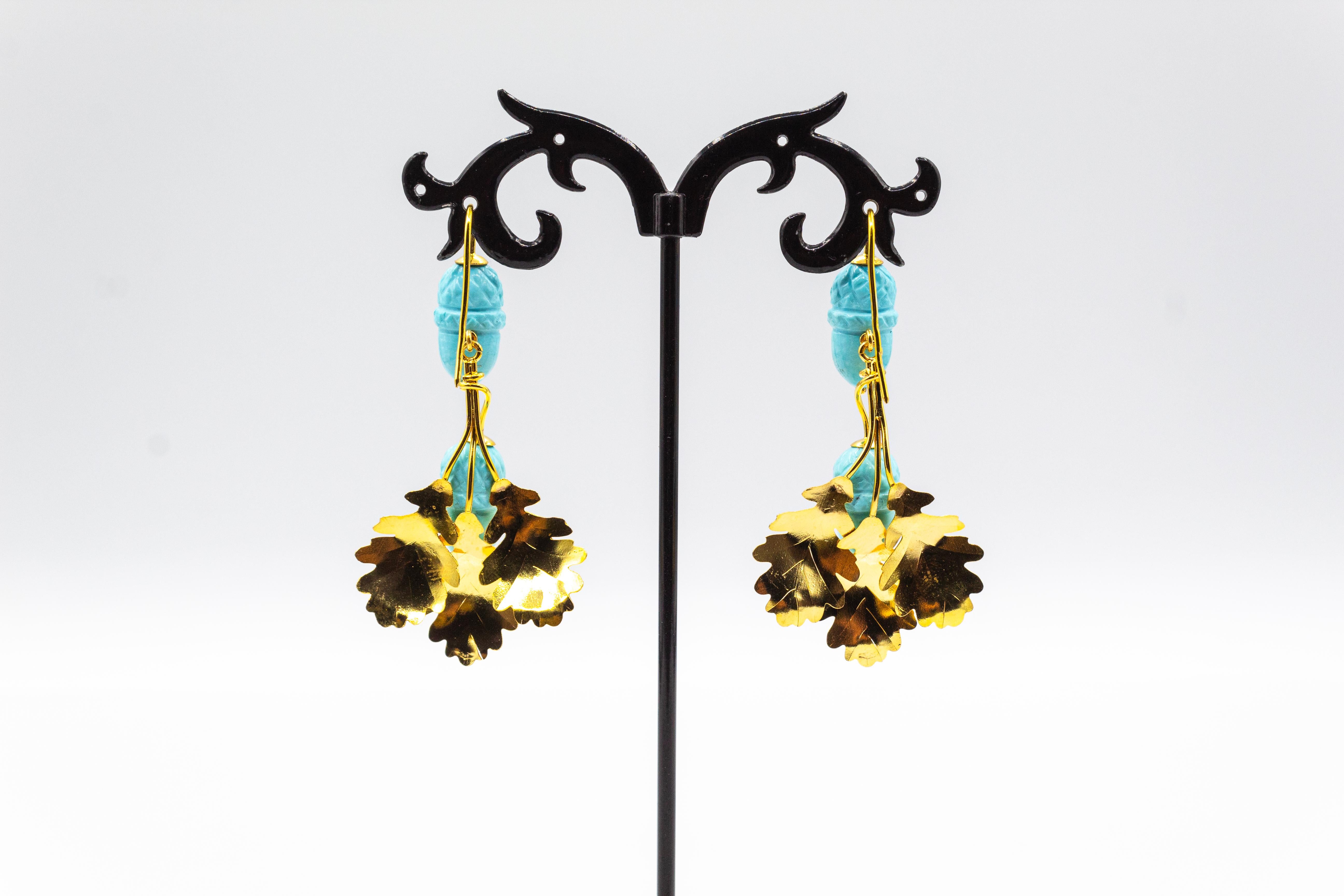 Art Nouveau Style Handcrafted Turquoise Yellow Gold Drop 
