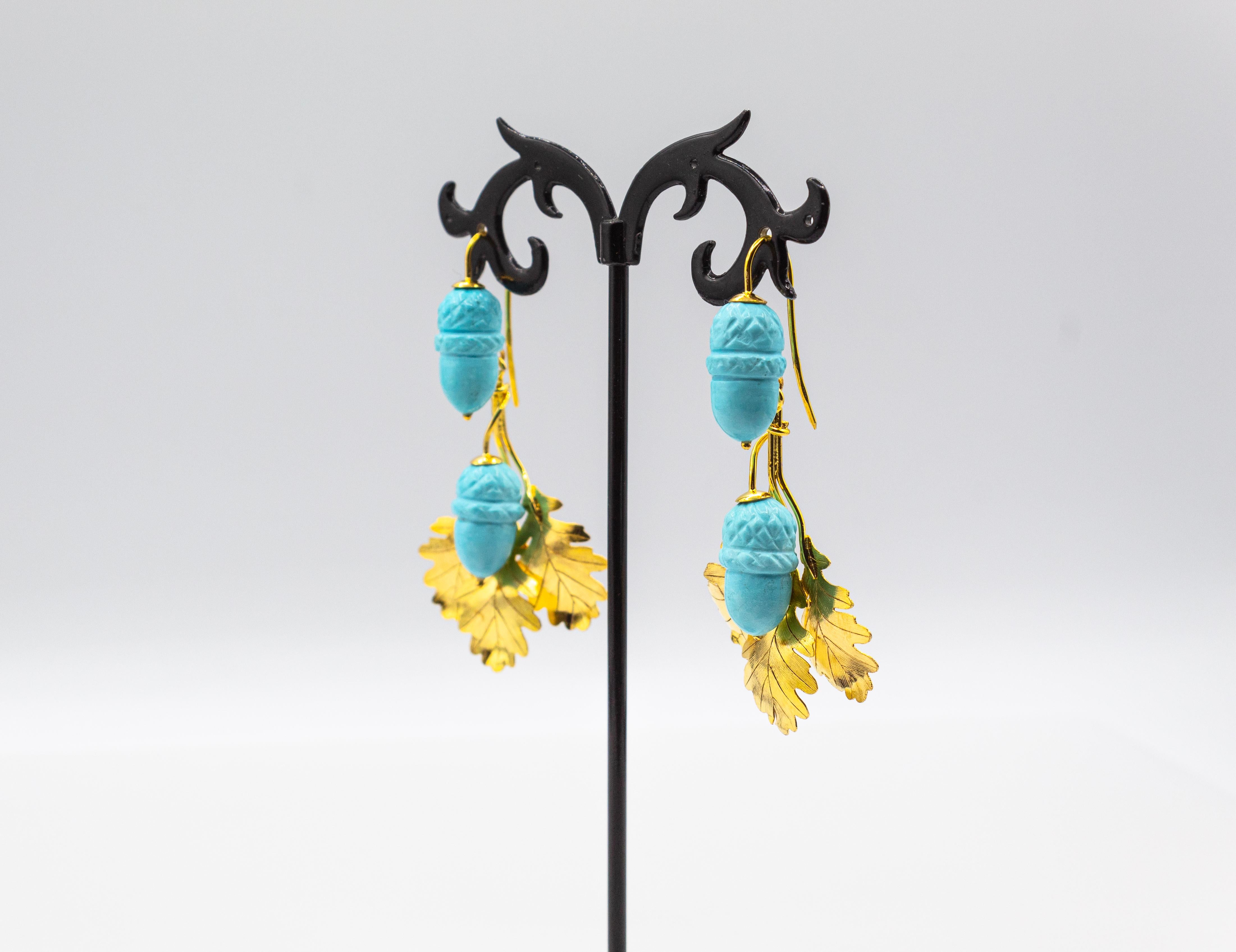 Art Nouveau Style Handcrafted Turquoise Yellow Gold Drop 