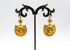 Art Nouveau Style Handcrafted White Diamond Emerald Yellow Gold "Cat" Earrings