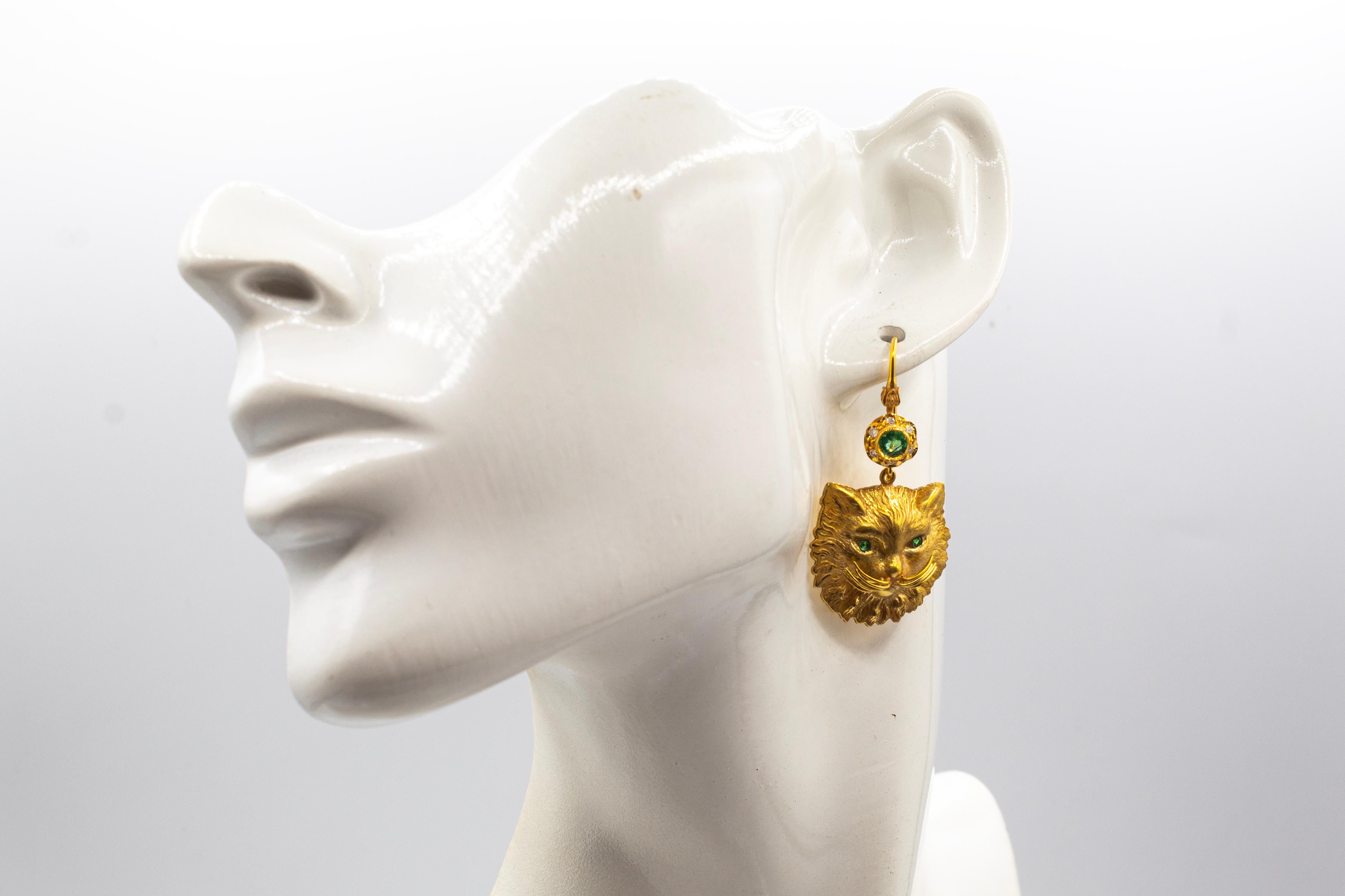 Art Nouveau Style Handcrafted White Diamond Emerald Yellow Gold 