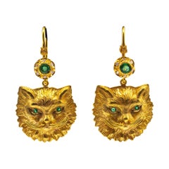 Art Nouveau Style Handcrafted White Diamond Emerald Yellow Gold "Cat" Earrings