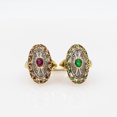Art Nouveau Style Handcrafted White Diamond Emerald Yellow Gold Cocktail Ring