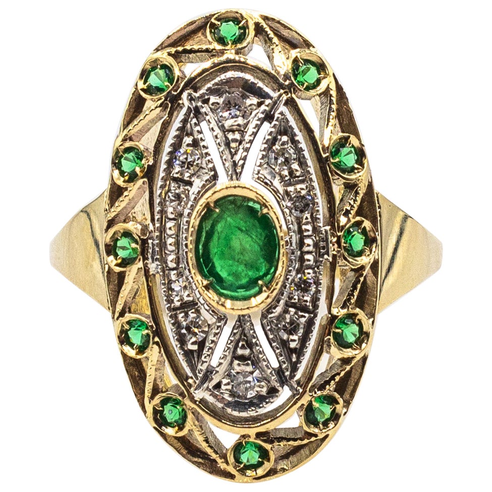 Art Nouveau Style Handcrafted White Diamond Emerald Yellow Gold Cocktail Ring