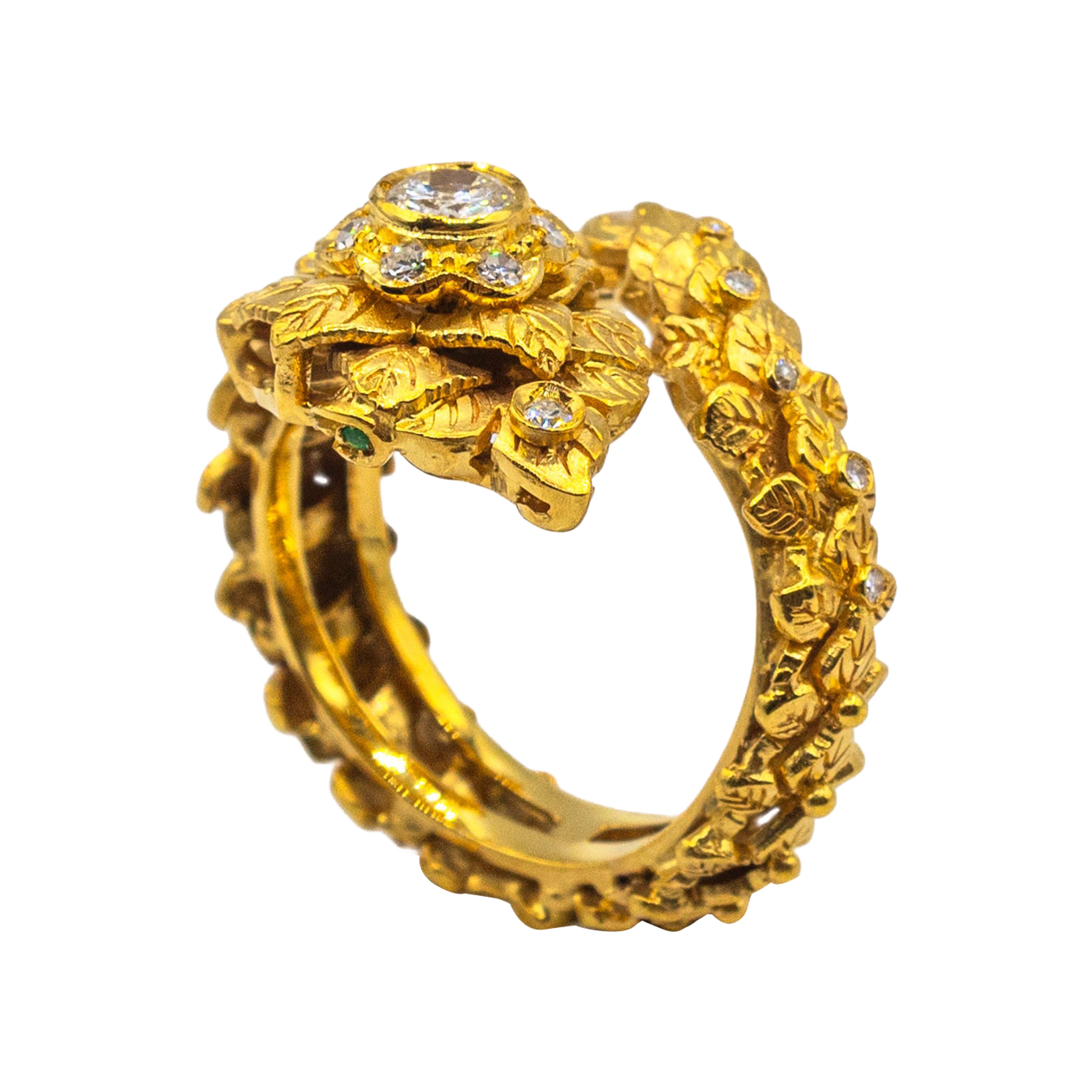 Bague « serpent » de style Art nouveau, fabriquée à la main, en diamant blanc et or jaune émeraude