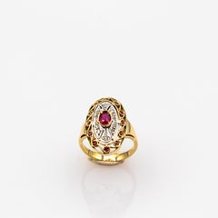 Art Nouveau Style Handcrafted White Diamond Ruby Yellow Gold Cocktail Ring