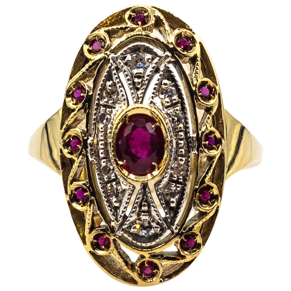 Bague de cocktail en or jaune, diamant blanc et rubis, faite à la main dans le style Art Nouveau