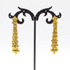 Art Nouveau Style Handcrafted White Diamond Yellow Gold Drop "Flowers" Earrings