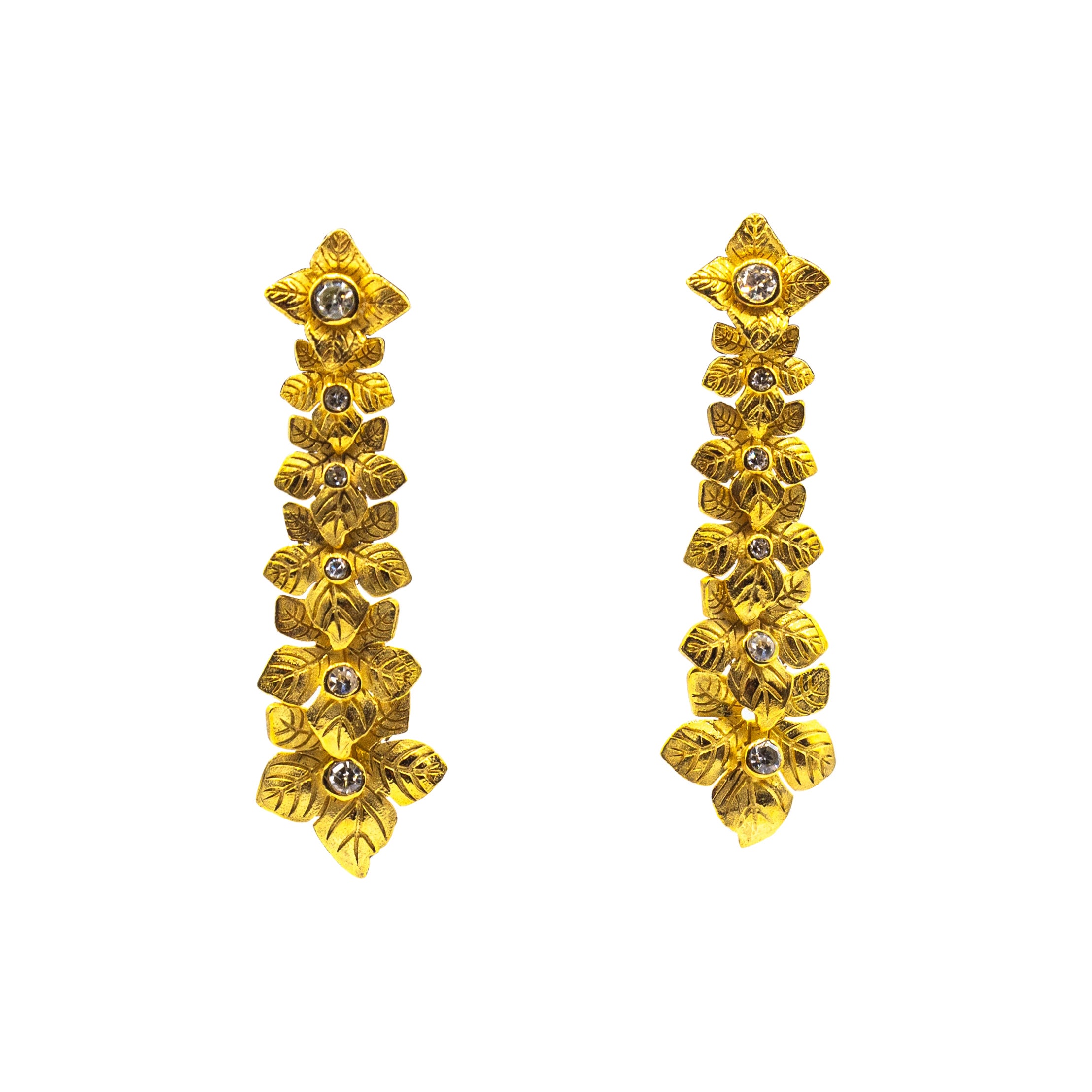Art Nouveau Style Handcrafted White Diamond Yellow Gold Drop "Flowers" Earrings