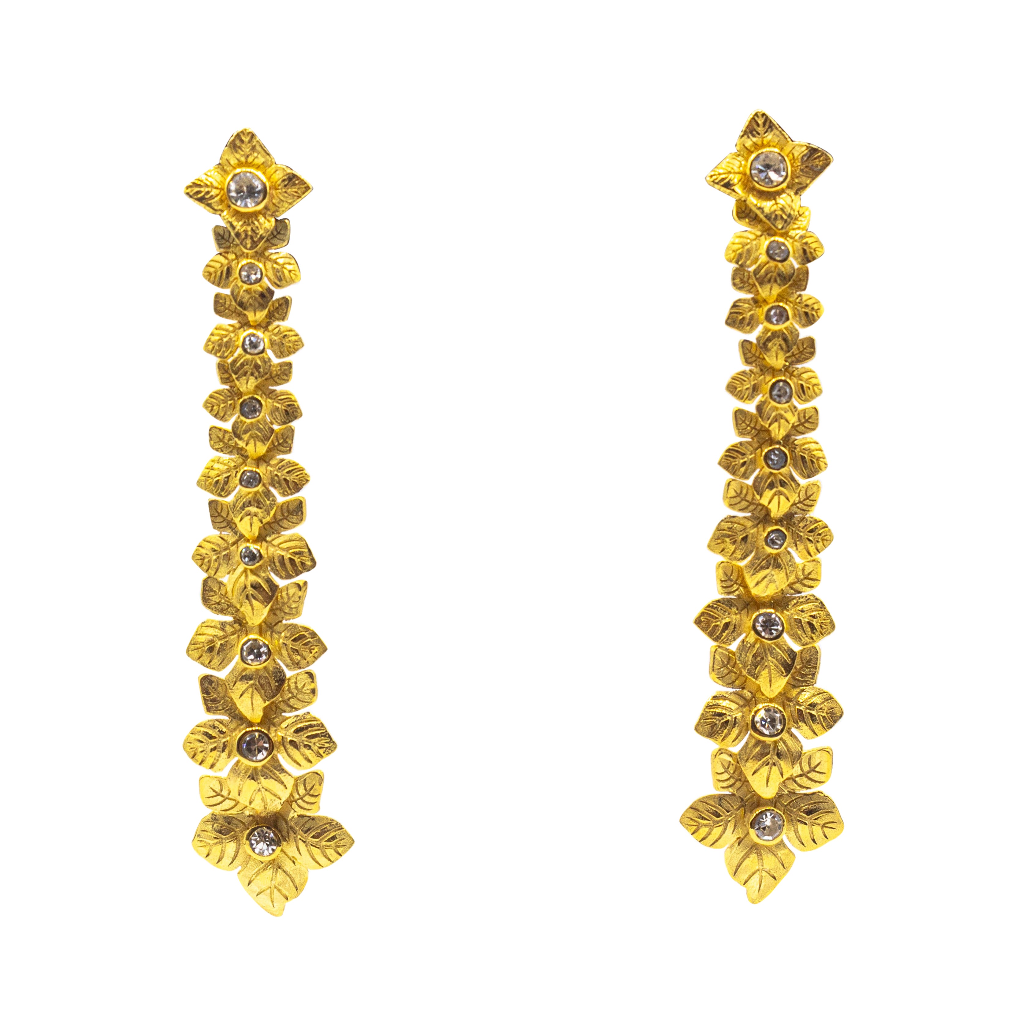 Art Nouveau Style Handcrafted White Diamond Yellow Gold Drop "Flowers" Earrings