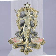 Art Nouveau Style Lady and Diamond Neck Enameled Swans 14 Karat 16.8 Grams