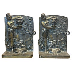 Art Nouveau Style "Lady at Lion Fountain" Cast Metal Bookends Art Nouveau Style "Lady at Lion Fountain" Cast Metal Bookends