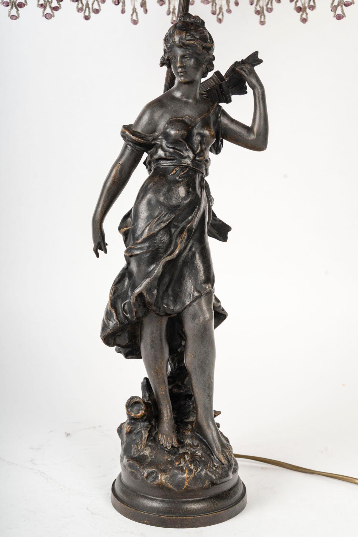 French Art Nouveau Style Lamp, Bronze Sculpture, and Glass Shade. For Sale