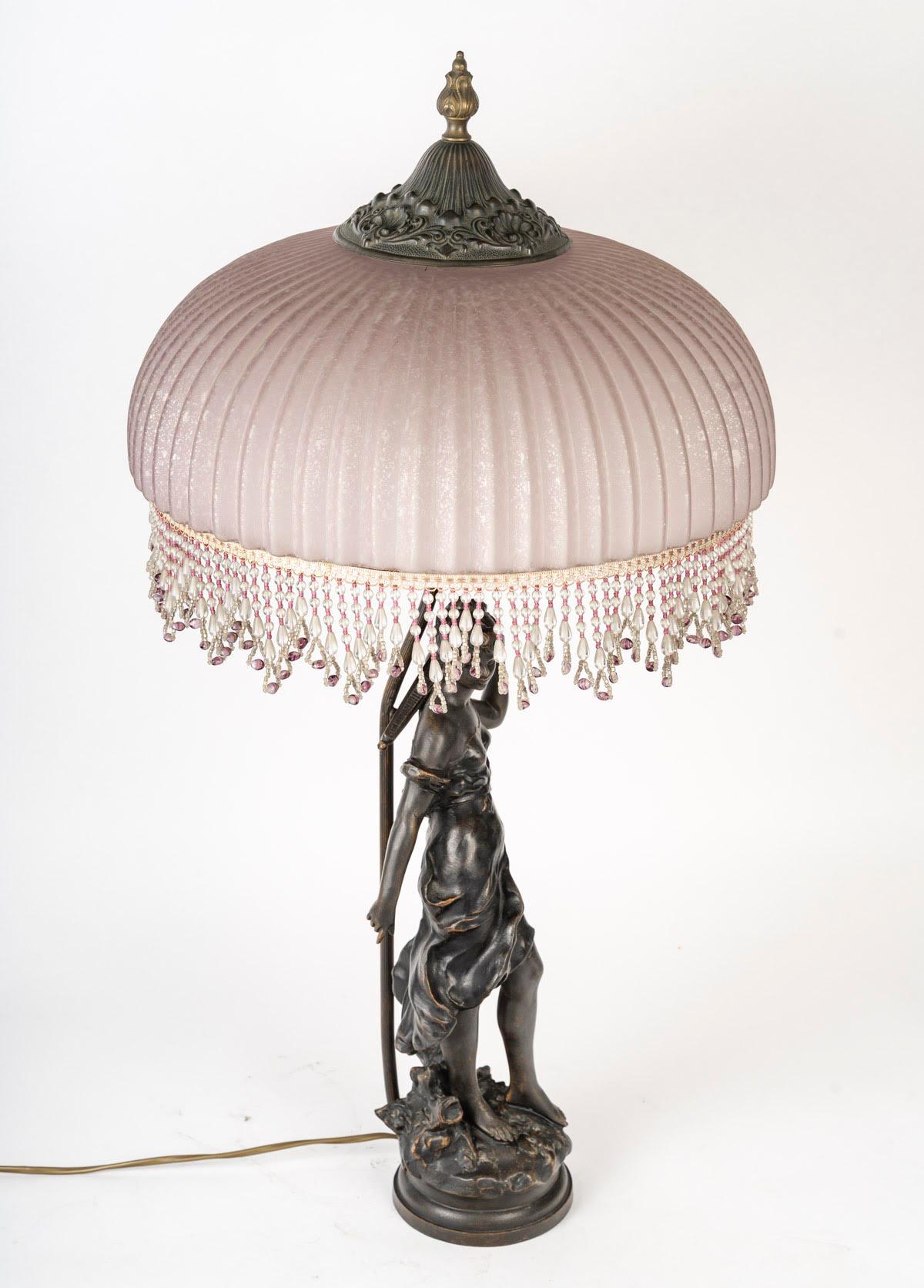 Art Nouveau Style Lamp, Bronze Sculpture, and Glass Shade. In Good Condition For Sale In Saint-Ouen, FR