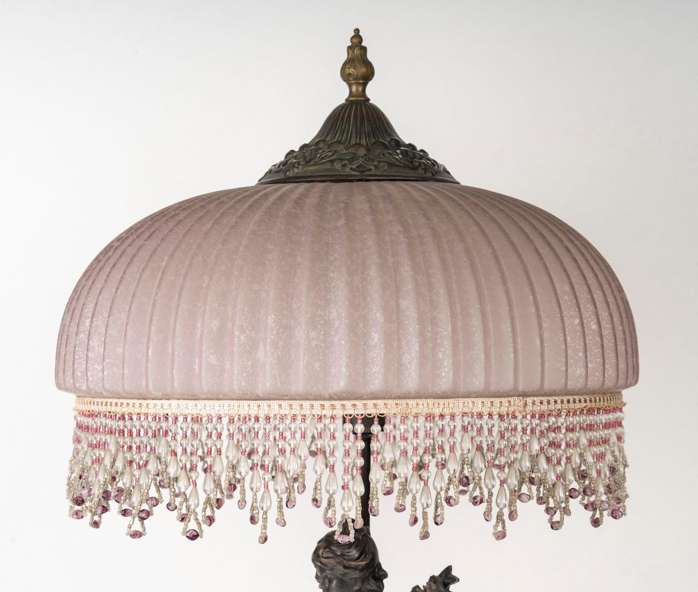 Art Nouveau Style Lamp, Bronze Sculpture, and Glass Shade. For Sale 2