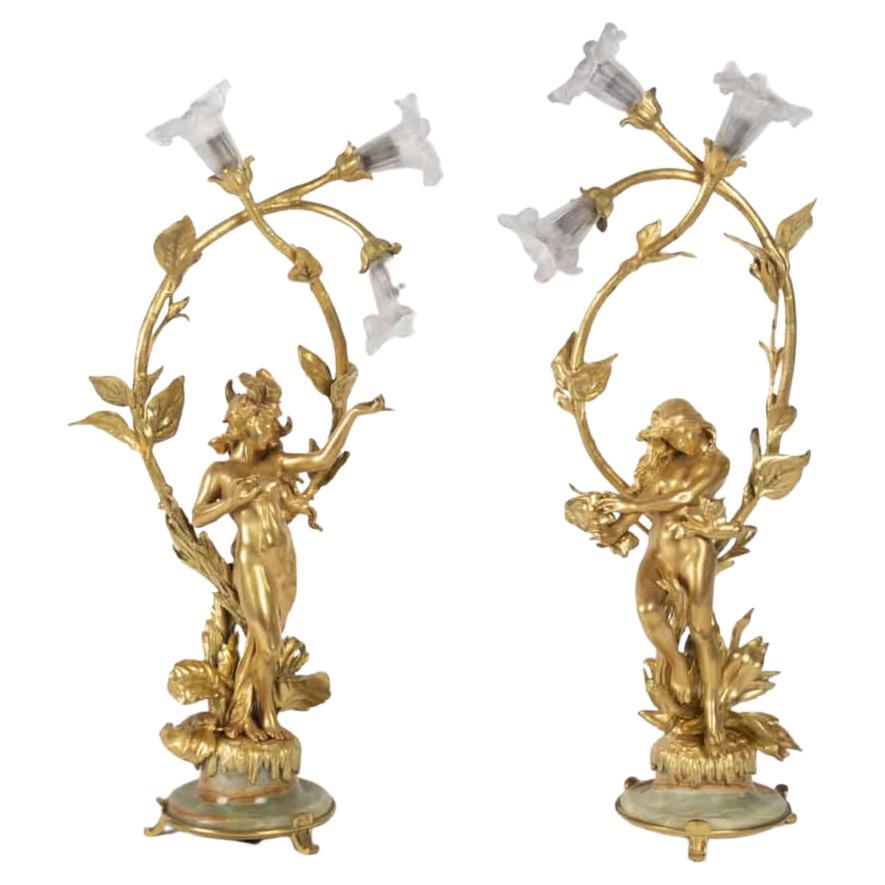 Art Nouveau Style Lamps in Gilded Bonze