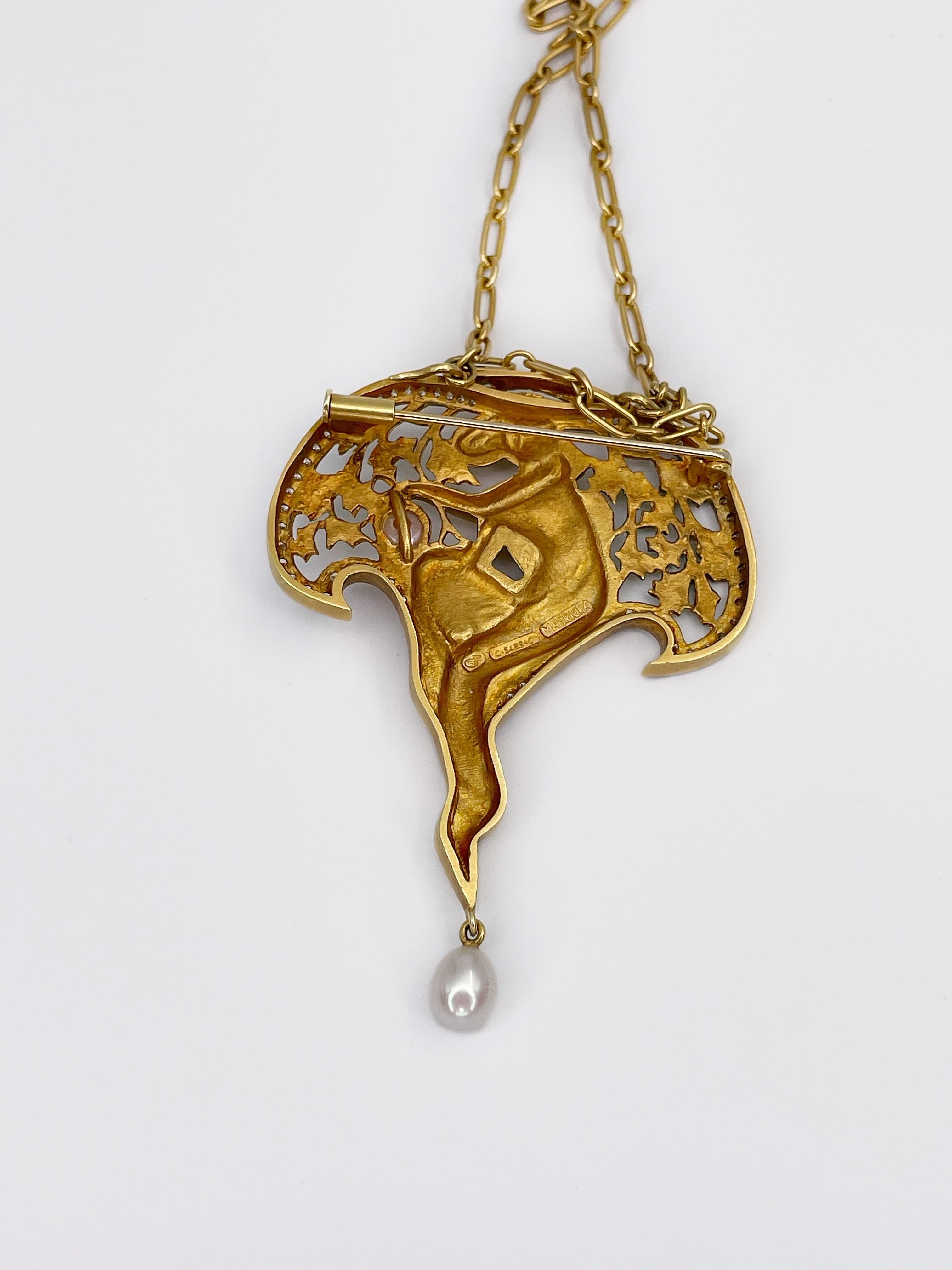 Art Nouveau Style Masriera 18K Gold Diamond Enamel Pearl Nymph Pendant Brooch 4