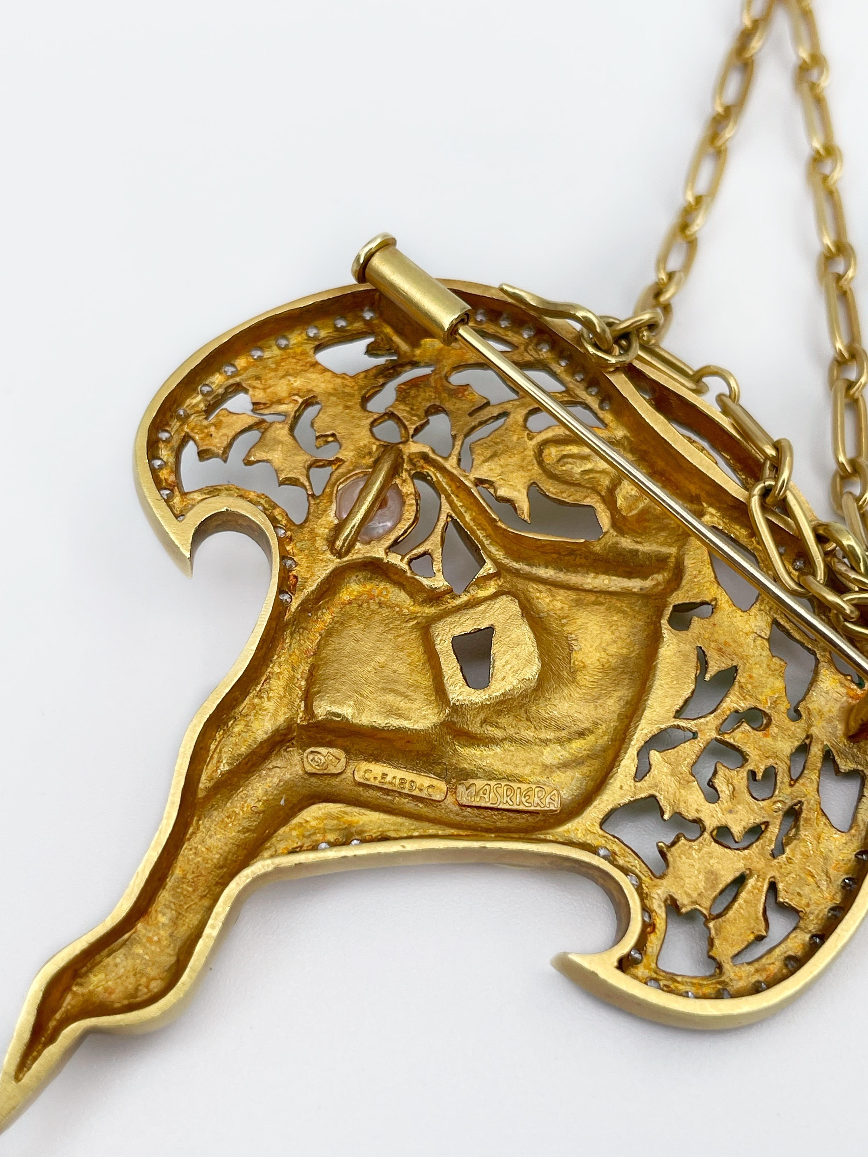 Art Nouveau Style Masriera 18K Gold Diamond Enamel Pearl Nymph Pendant Brooch 5