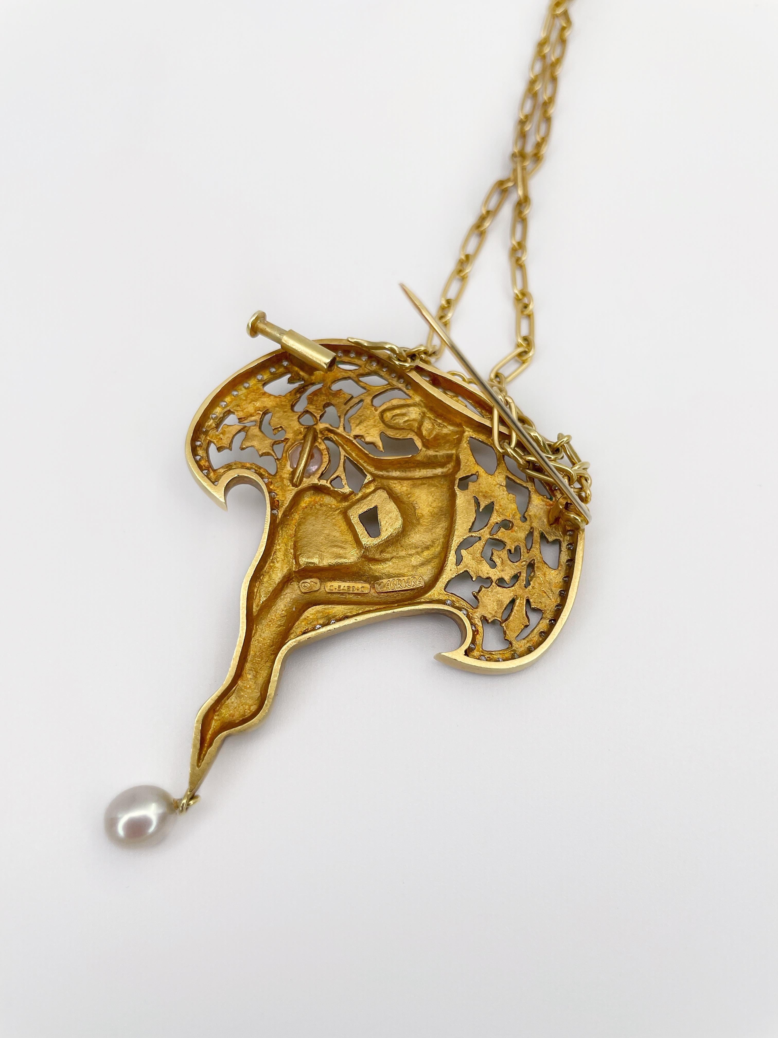 Art Nouveau Style Masriera 18K Gold Diamond Enamel Pearl Nymph Pendant Brooch 7