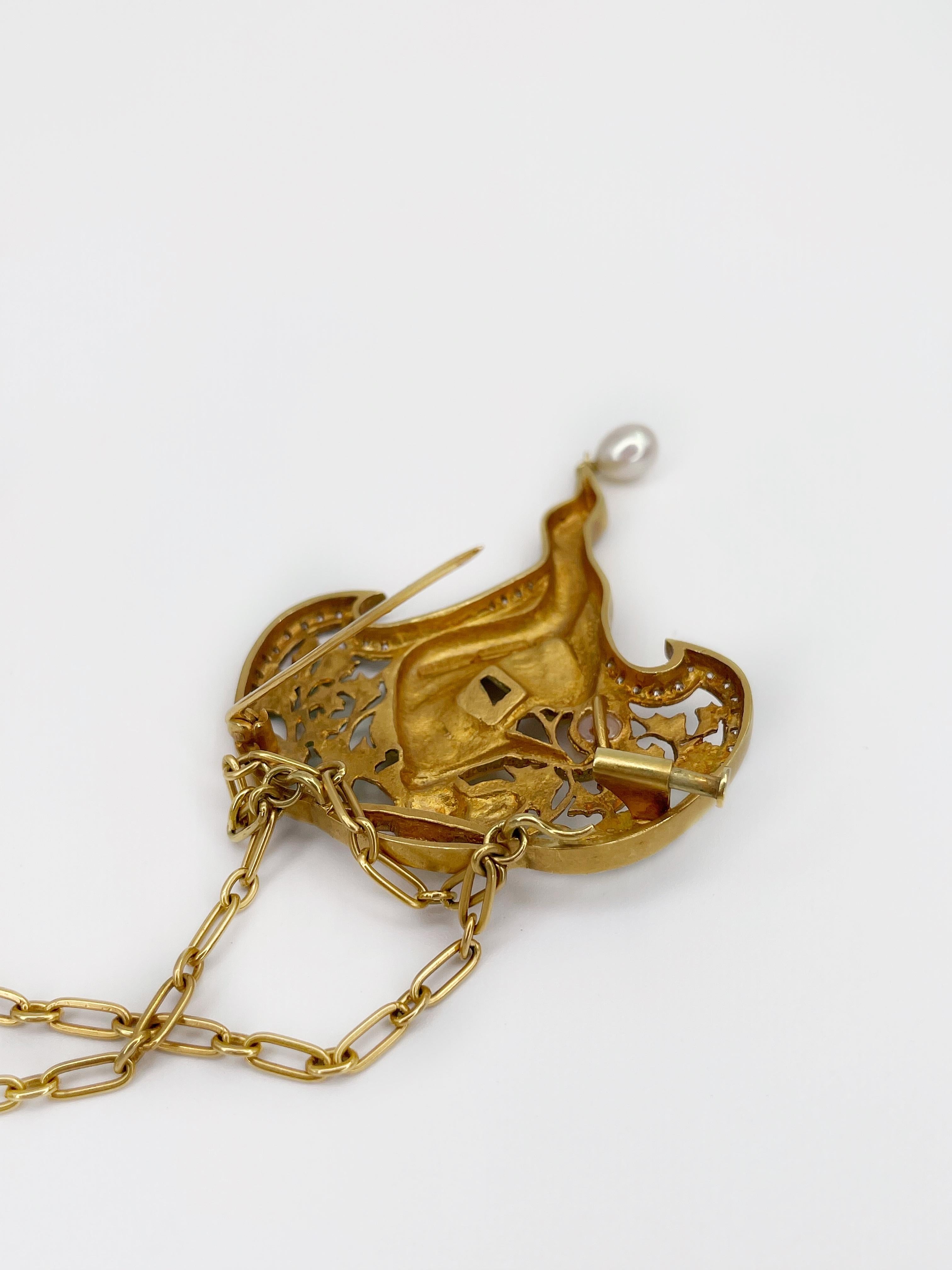 Art Nouveau Style Masriera 18K Gold Diamond Enamel Pearl Nymph Pendant Brooch 8