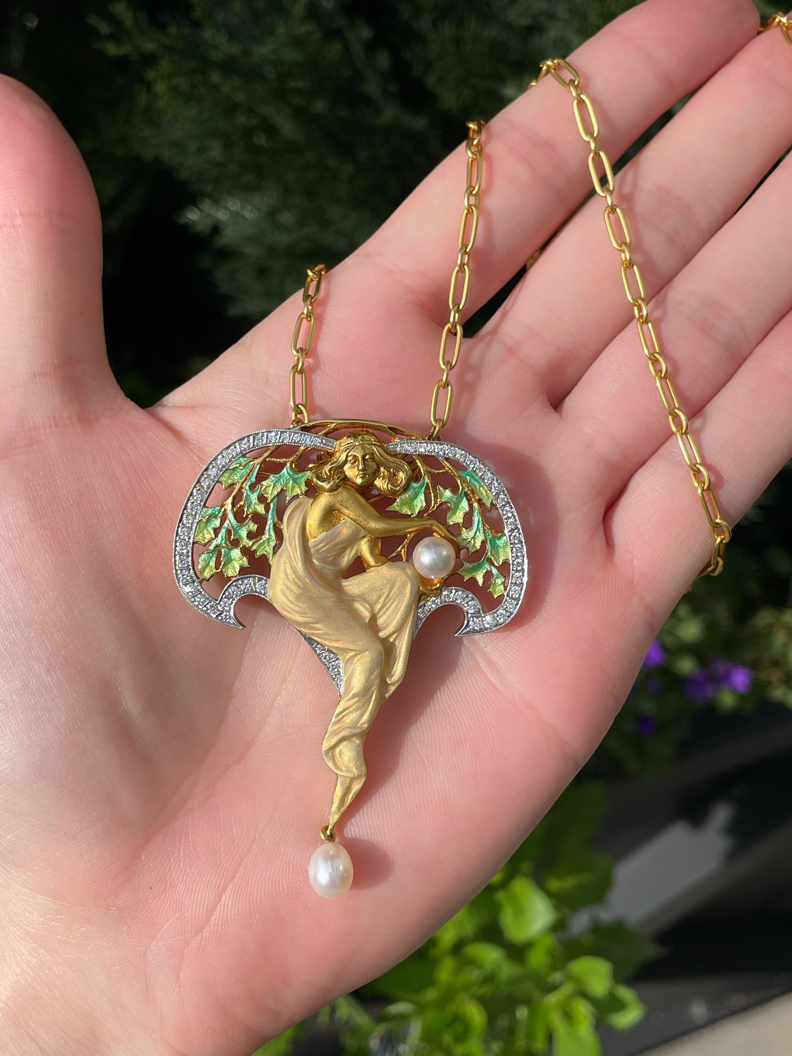 Art Nouveau Style Masriera 18K Gold Diamond Enamel Pearl Nymph Pendant Brooch 10