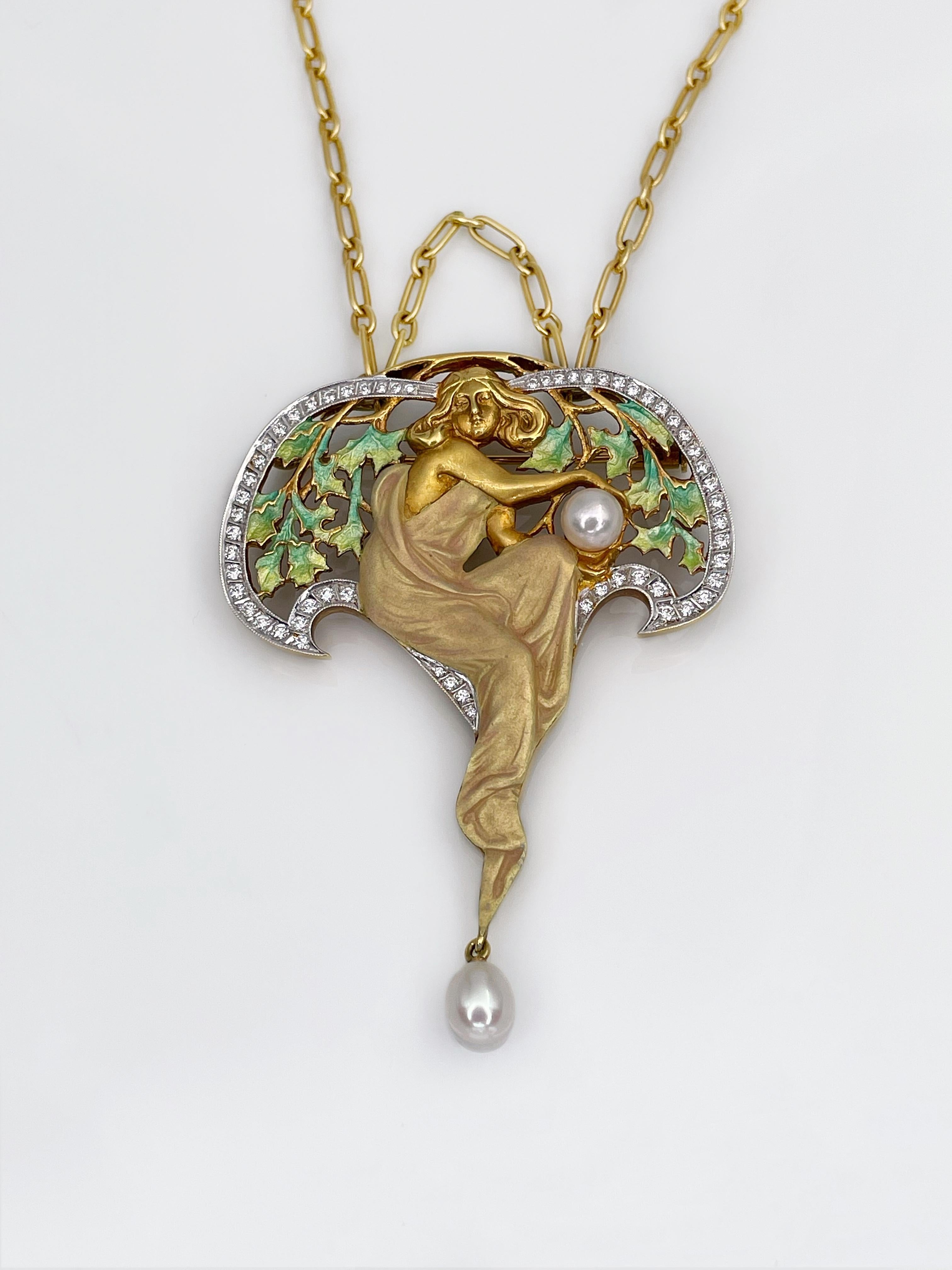 Brilliant Cut Art Nouveau Style Masriera 18K Gold Diamond Enamel Pearl Nymph Pendant Brooch