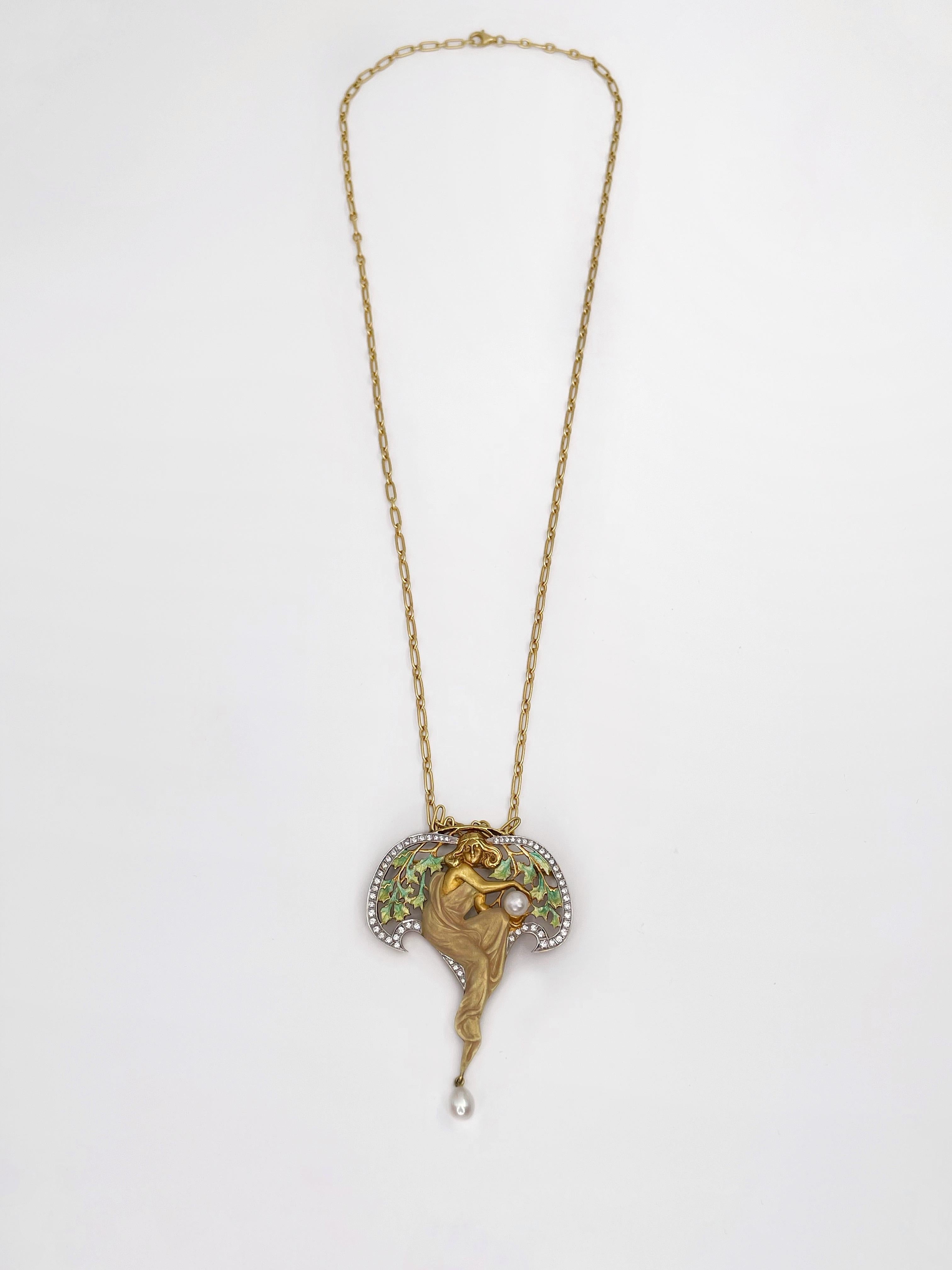Women's or Men's Art Nouveau Style Masriera 18K Gold Diamond Enamel Pearl Nymph Pendant Brooch