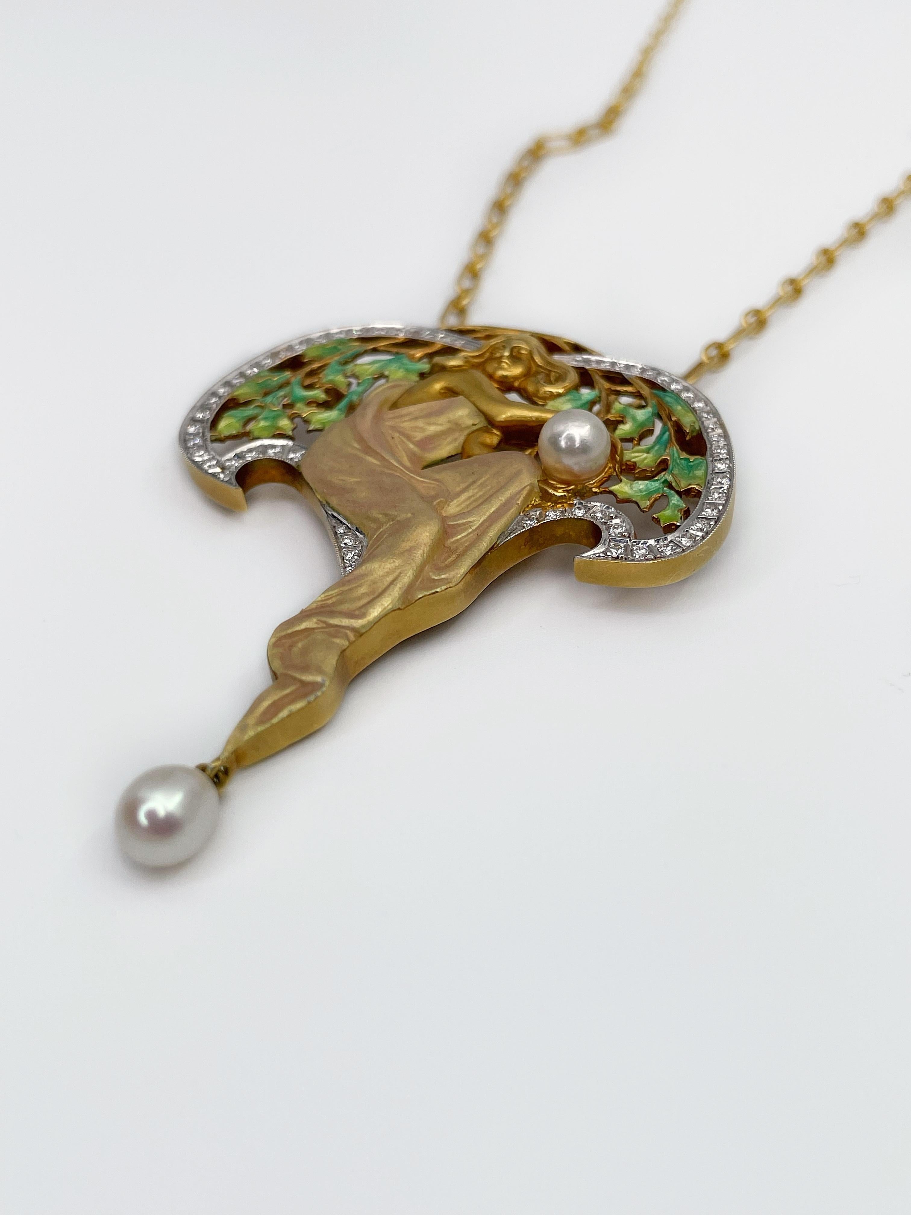 Art Nouveau Style Masriera 18K Gold Diamond Enamel Pearl Nymph Pendant Brooch 1