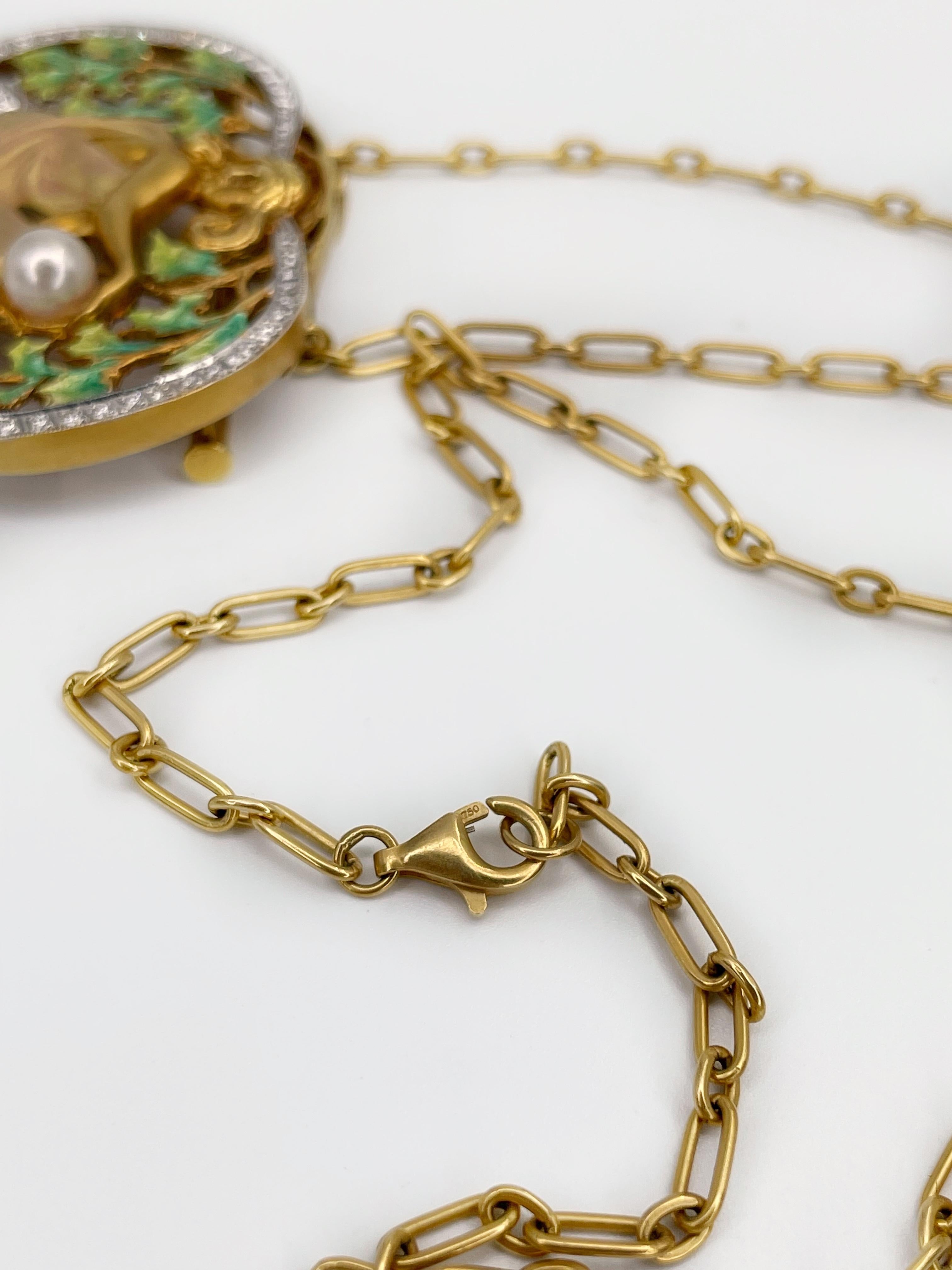 Art Nouveau Style Masriera 18K Gold Diamond Enamel Pearl Nymph Pendant Brooch 3