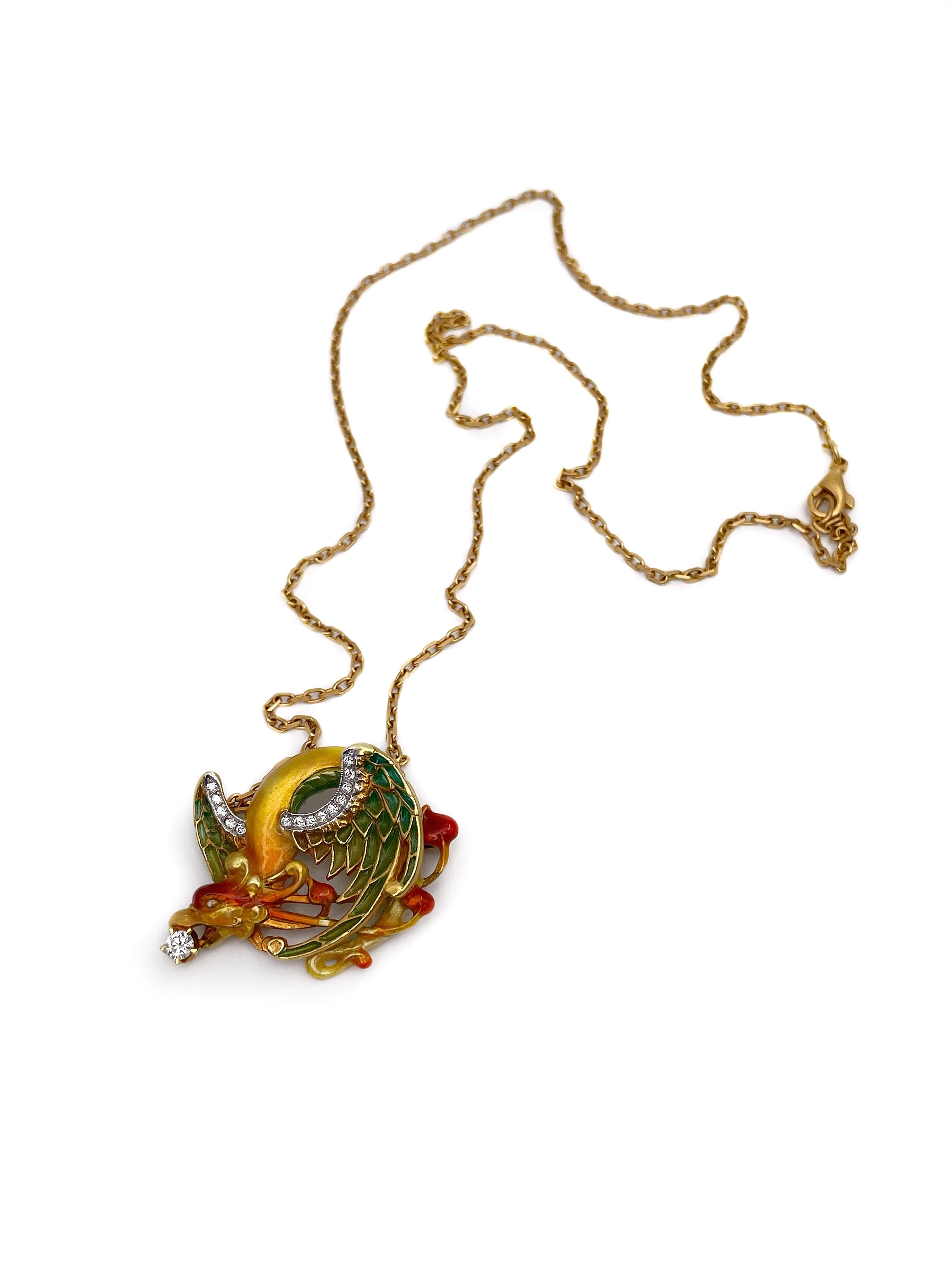 This is a lovely Art Nouveau style necklace designed by Masriera in 1960’s-1970’s. It can also be worn as a brooch. The piece depicts a dragon and is crafted in 18K yellow gold. 

It features 15 round brilliant cut diamonds: 
- 1pc. (0.13ct, RW+/RW,