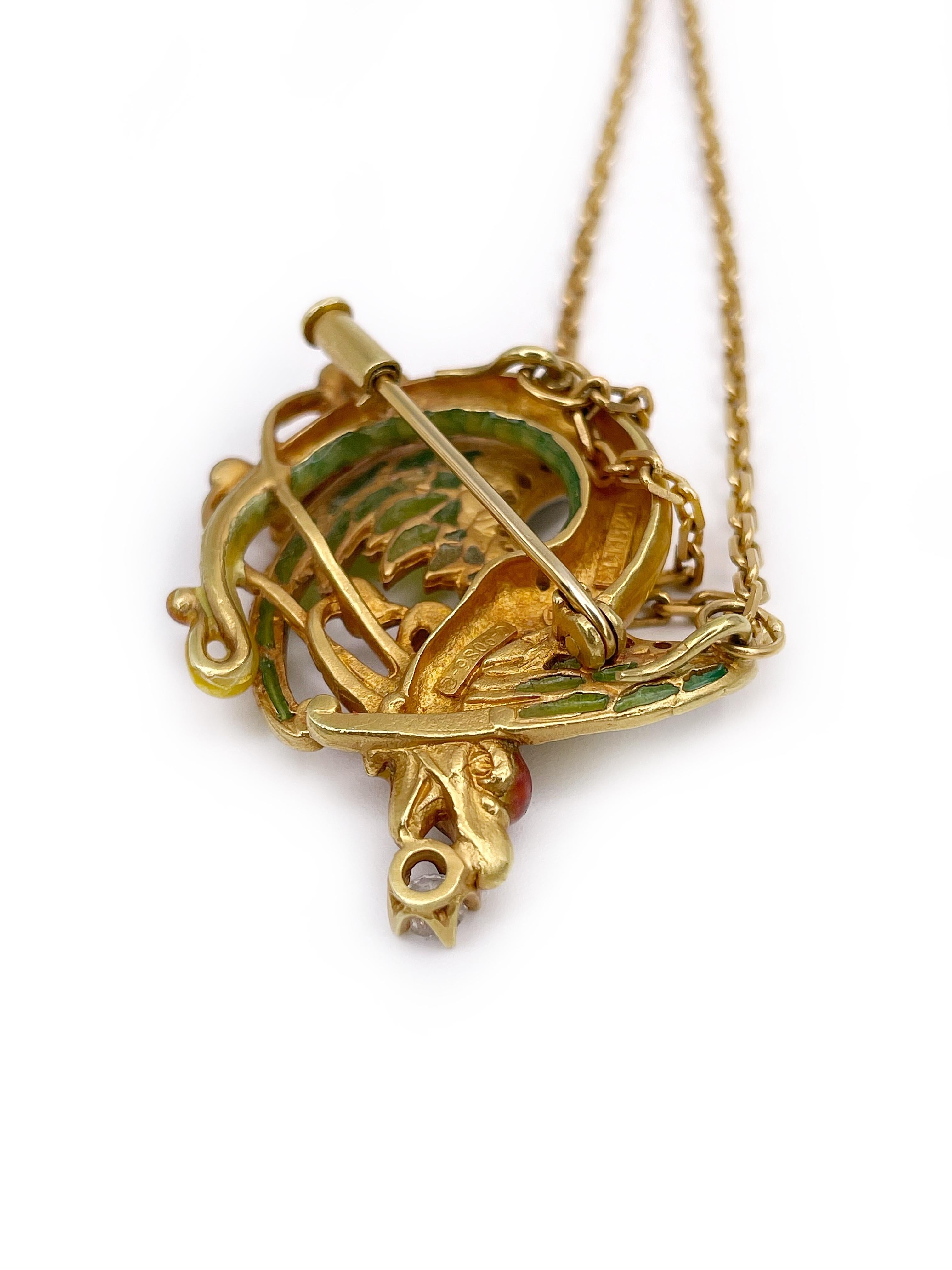 Round Cut Masriera Art Nouveau Style 18 Karat Gold Enamel 0.25ct Diamond Dragon Necklace
