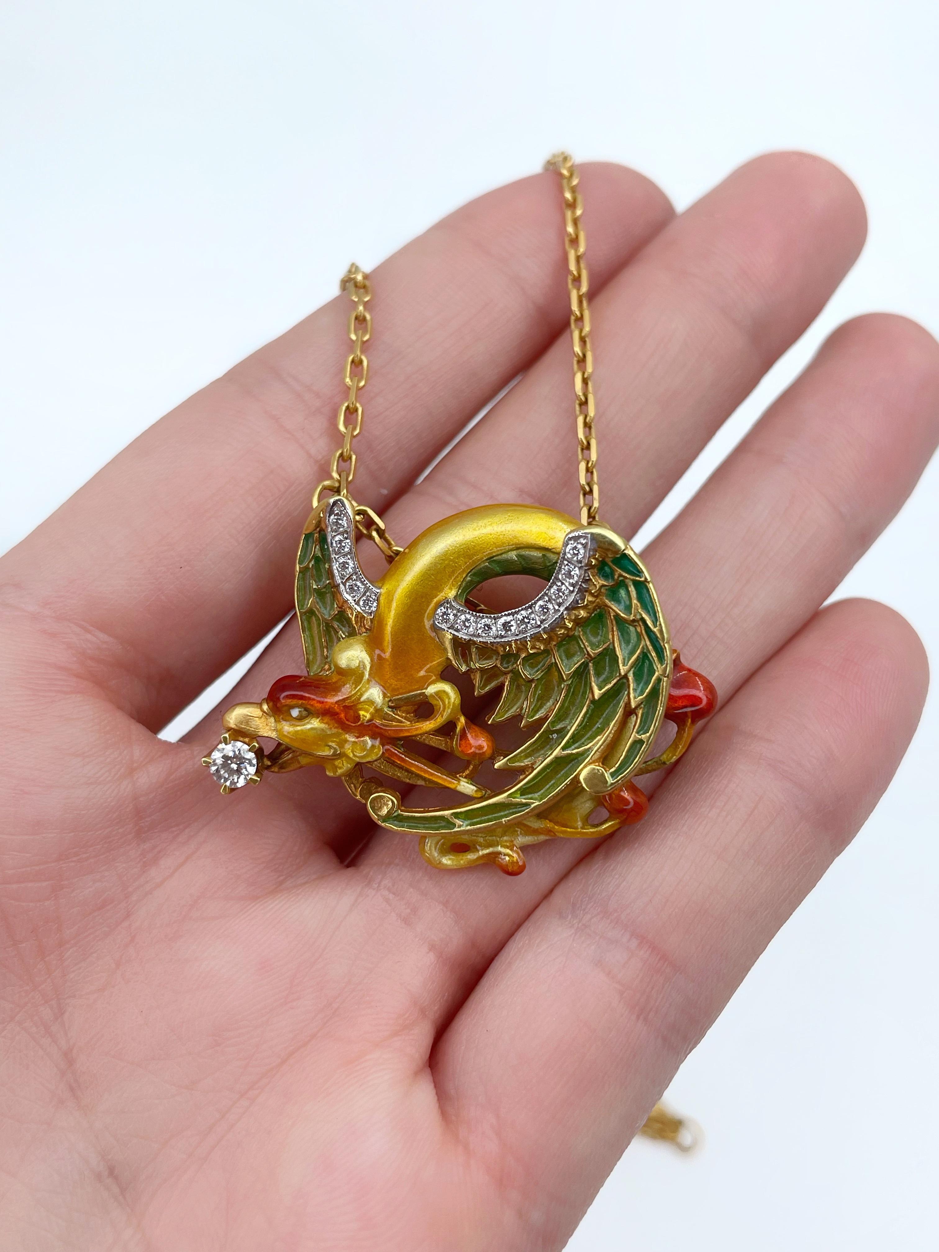 Masriera Art Nouveau Style 18 Karat Gold Enamel 0.25ct Diamond Dragon Necklace 1