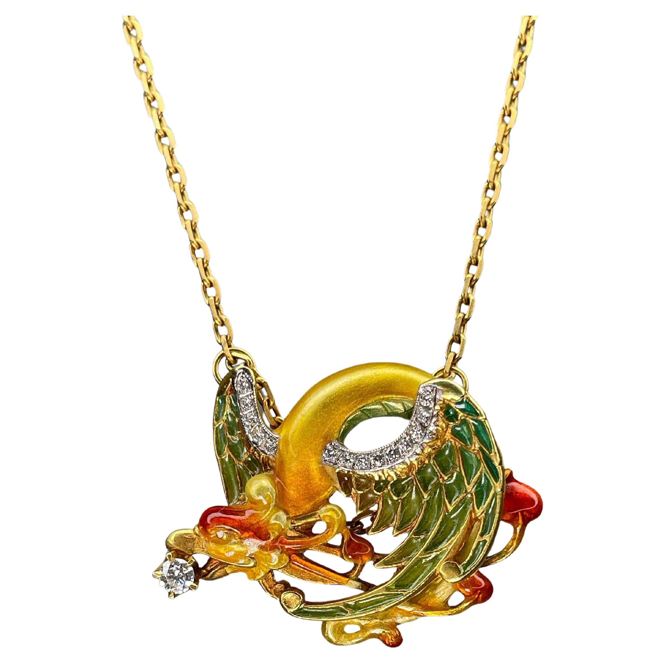 Art Nouveau Style Masriera 18K Gold Enamel Diamond Dragon Necklace