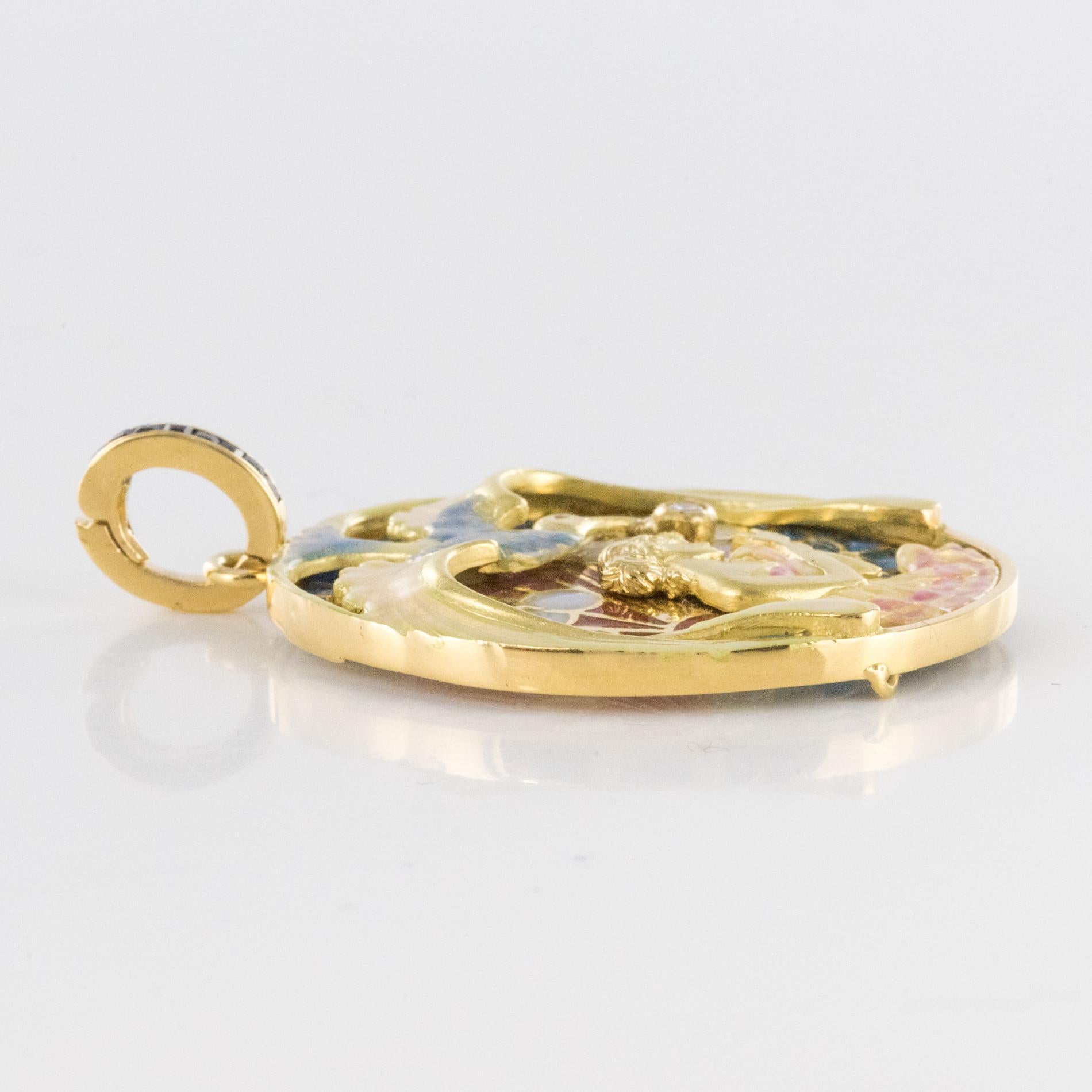 Art Nouveau Style Medallion Diamond Enamel Yellow Gold Pendant Necklace 7