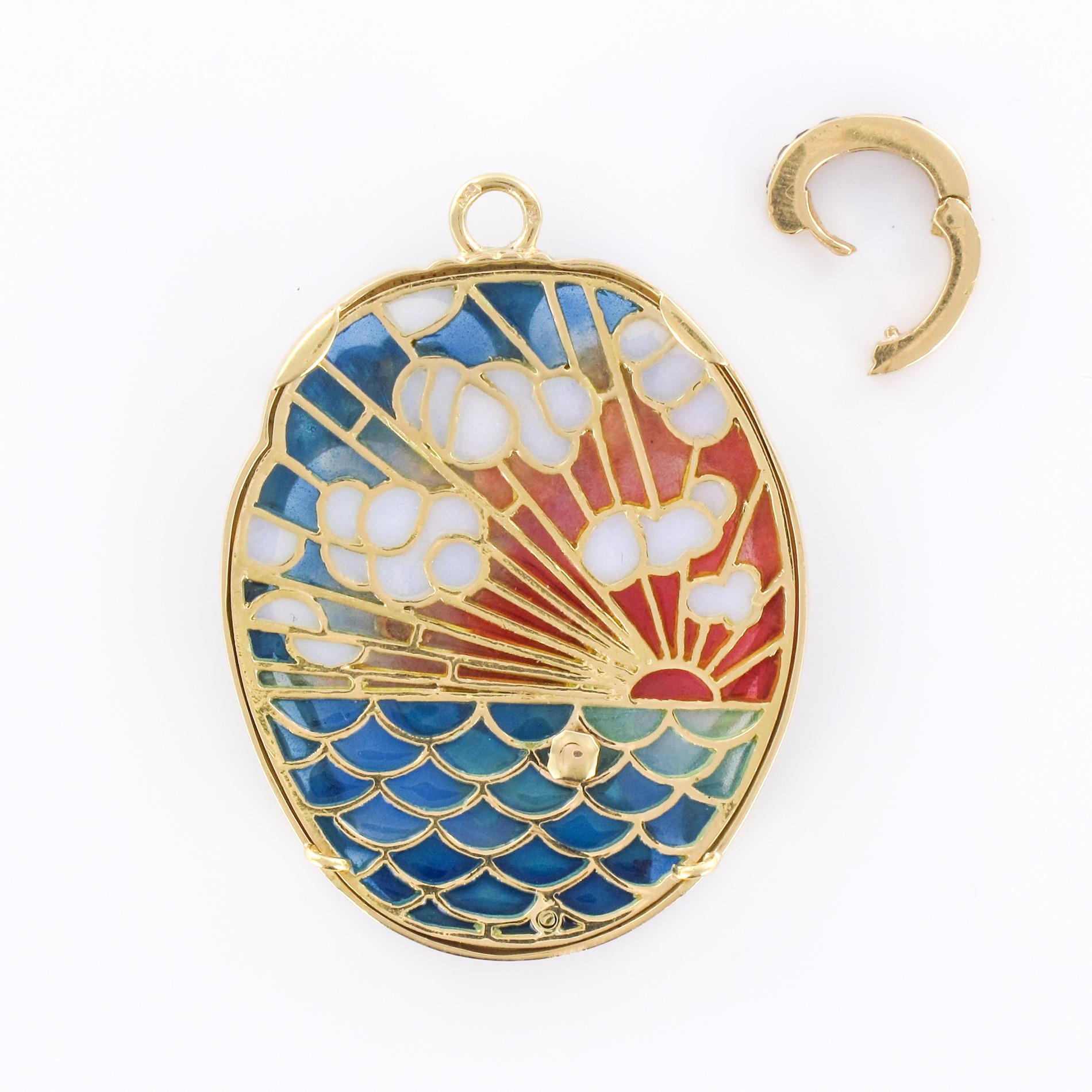 Women's Art Nouveau Style Medallion Diamond Enamel Yellow Gold Pendant Necklace