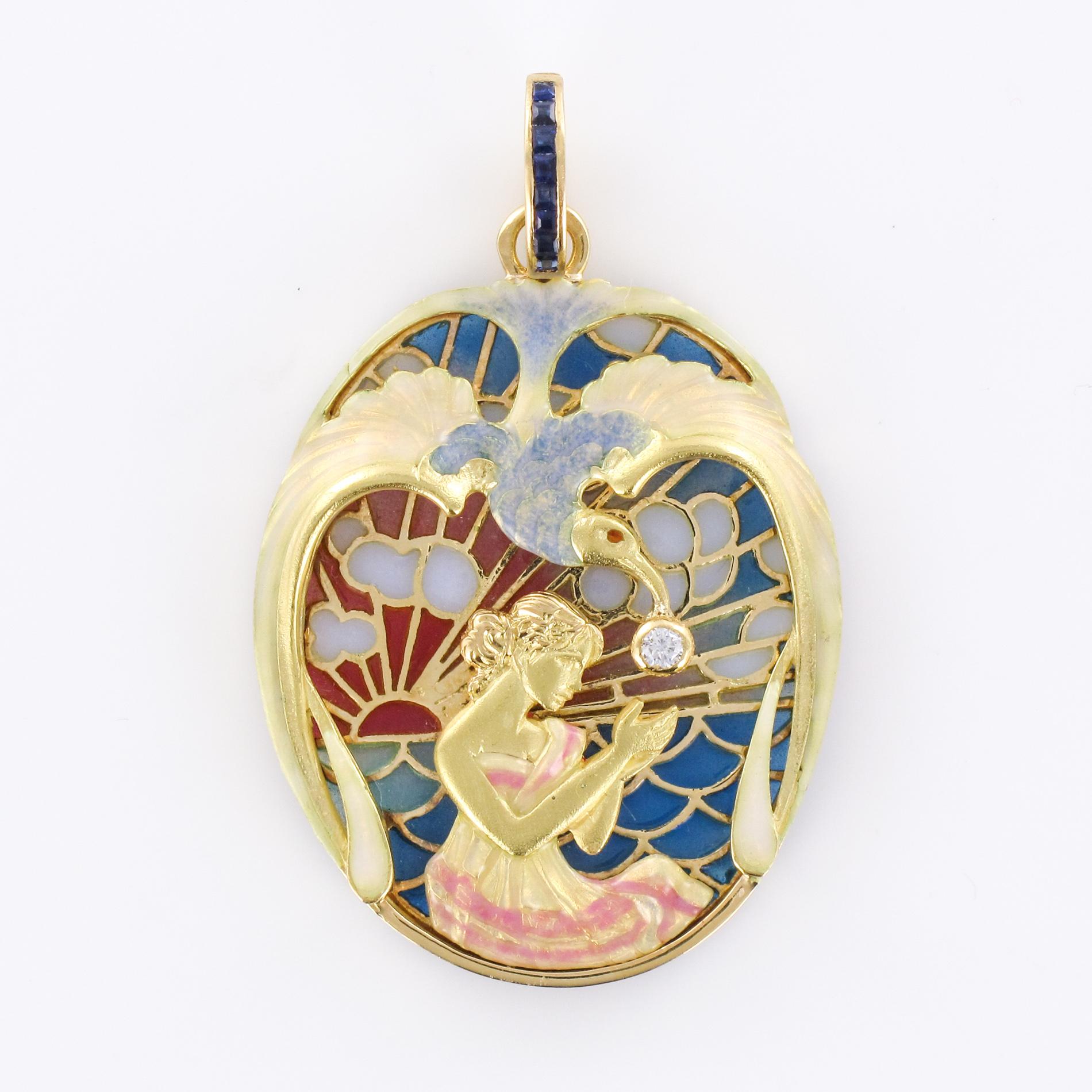 Art Nouveau Style Medallion Diamond Enamel Yellow Gold Pendant Necklace 5