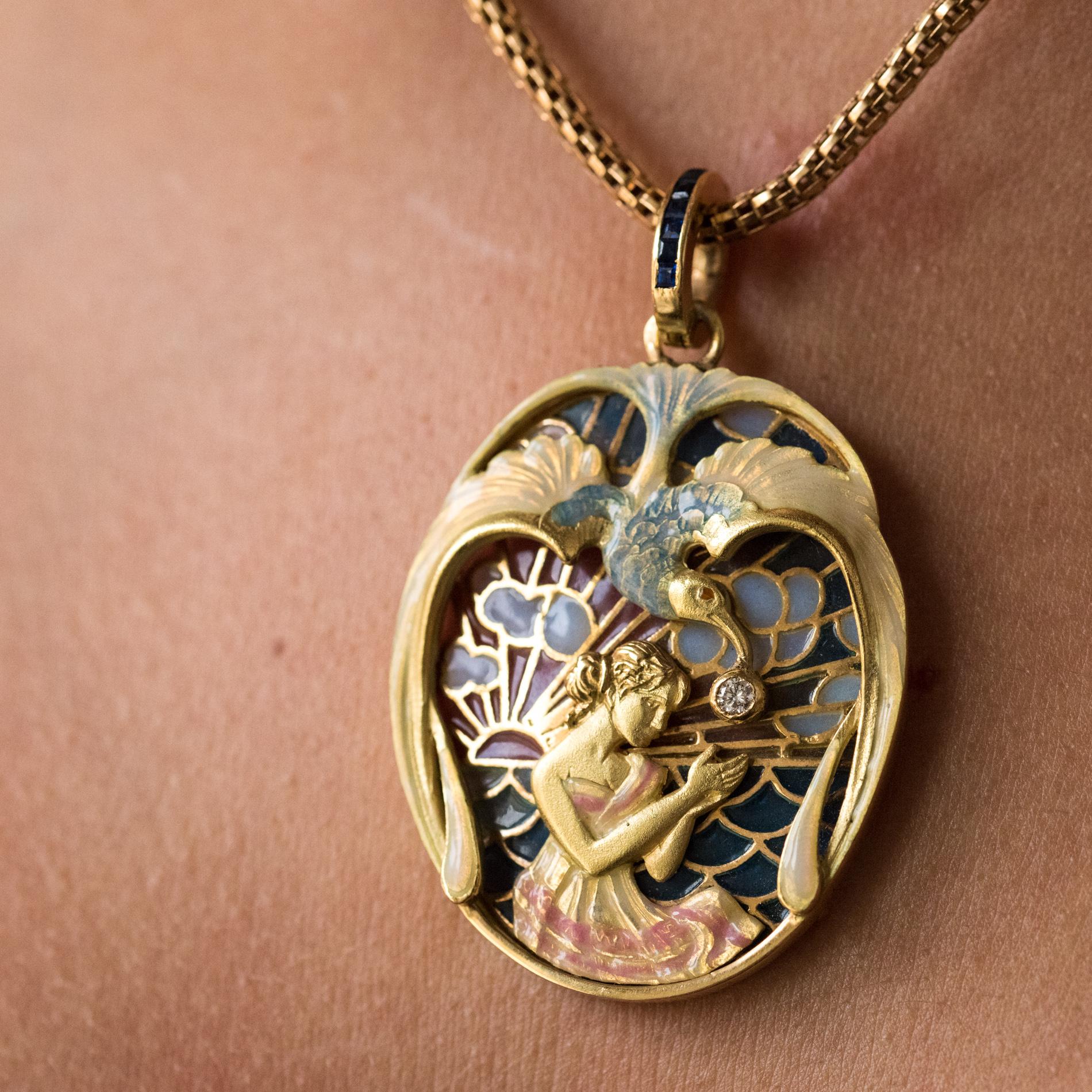Art Nouveau Style Medallion Diamond Enamel Yellow Gold Pendant Necklace 2