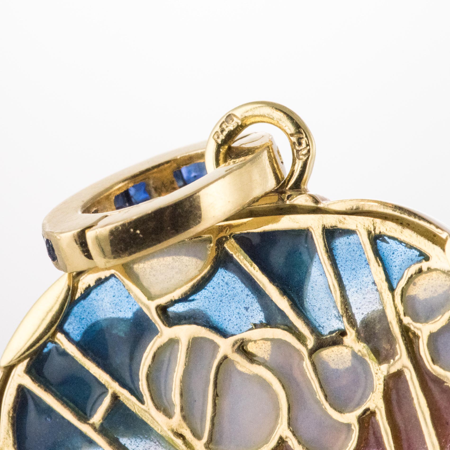 Art Nouveau Style Medallion Diamond Enamel Yellow Gold Pendant Necklace 1