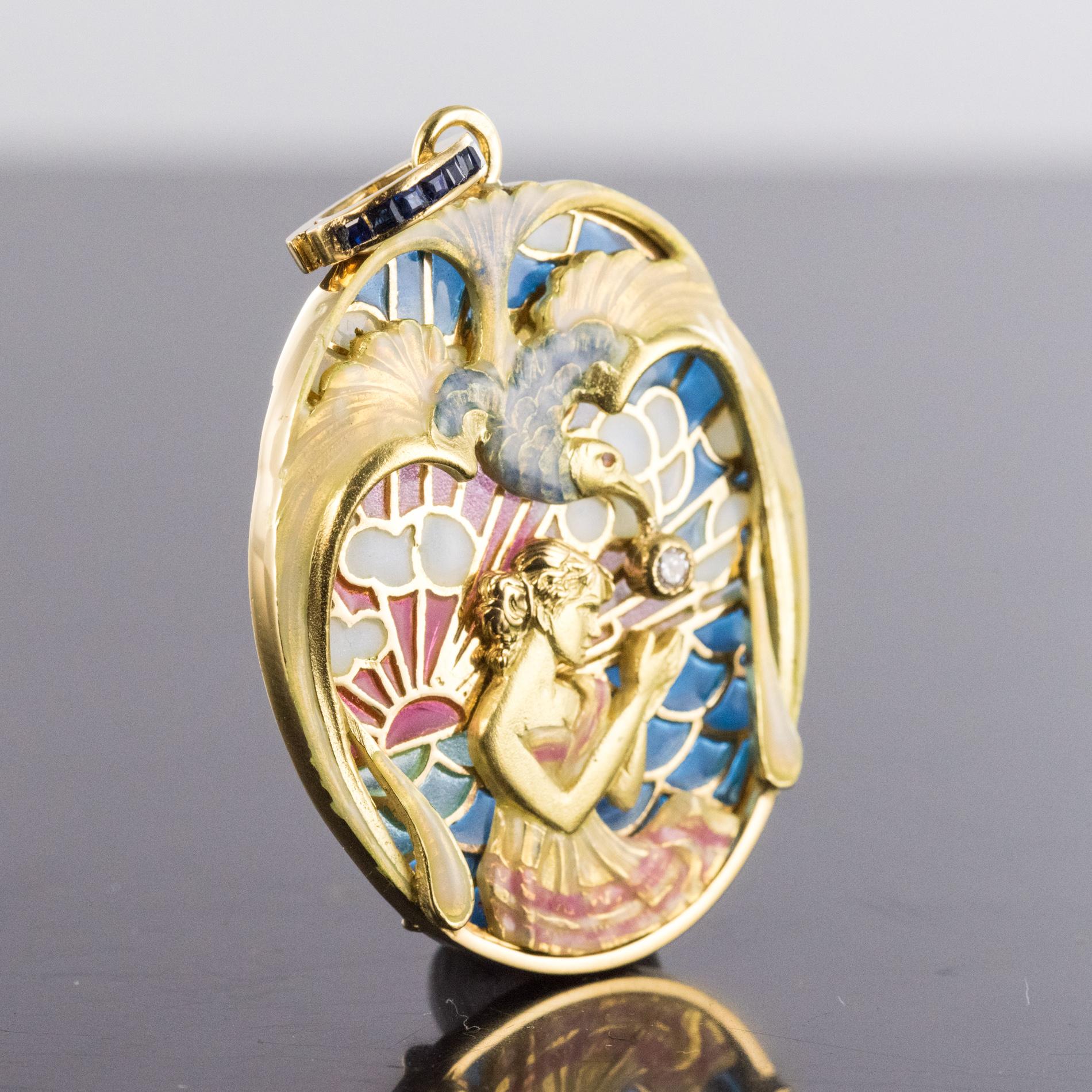 Art Nouveau Style Medallion Diamond Enamel Yellow Gold Pendant Necklace 3