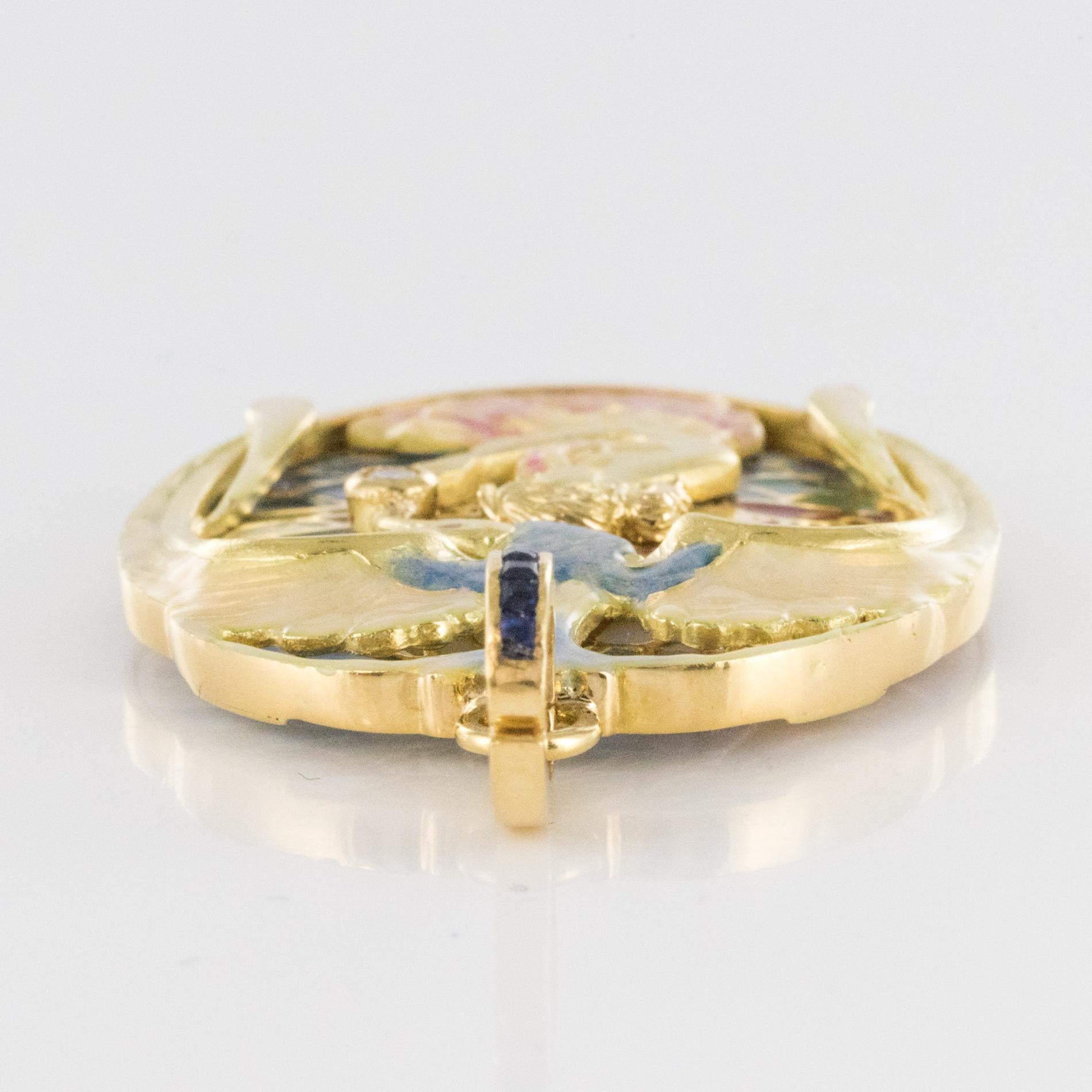 Art Nouveau Style Medallion Diamond Enamel Yellow Gold Pendant Necklace 6