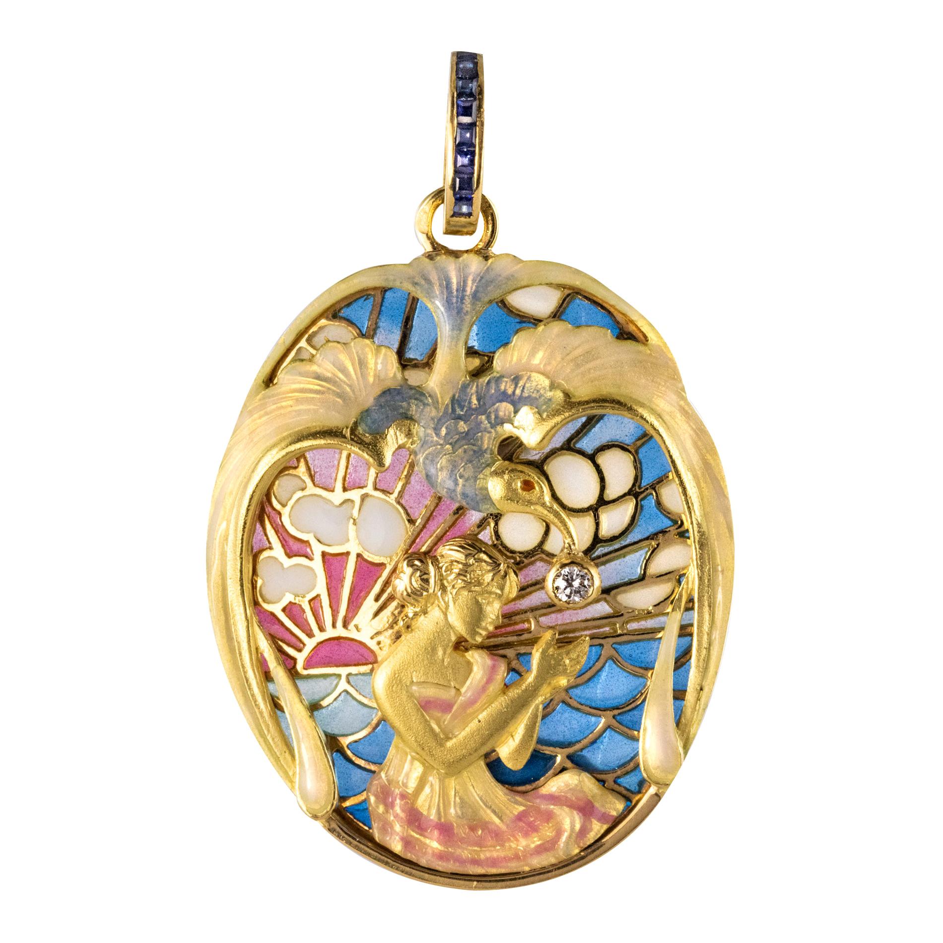 Art Nouveau Style Medallion Diamond Enamel Yellow Gold Pendant Necklace