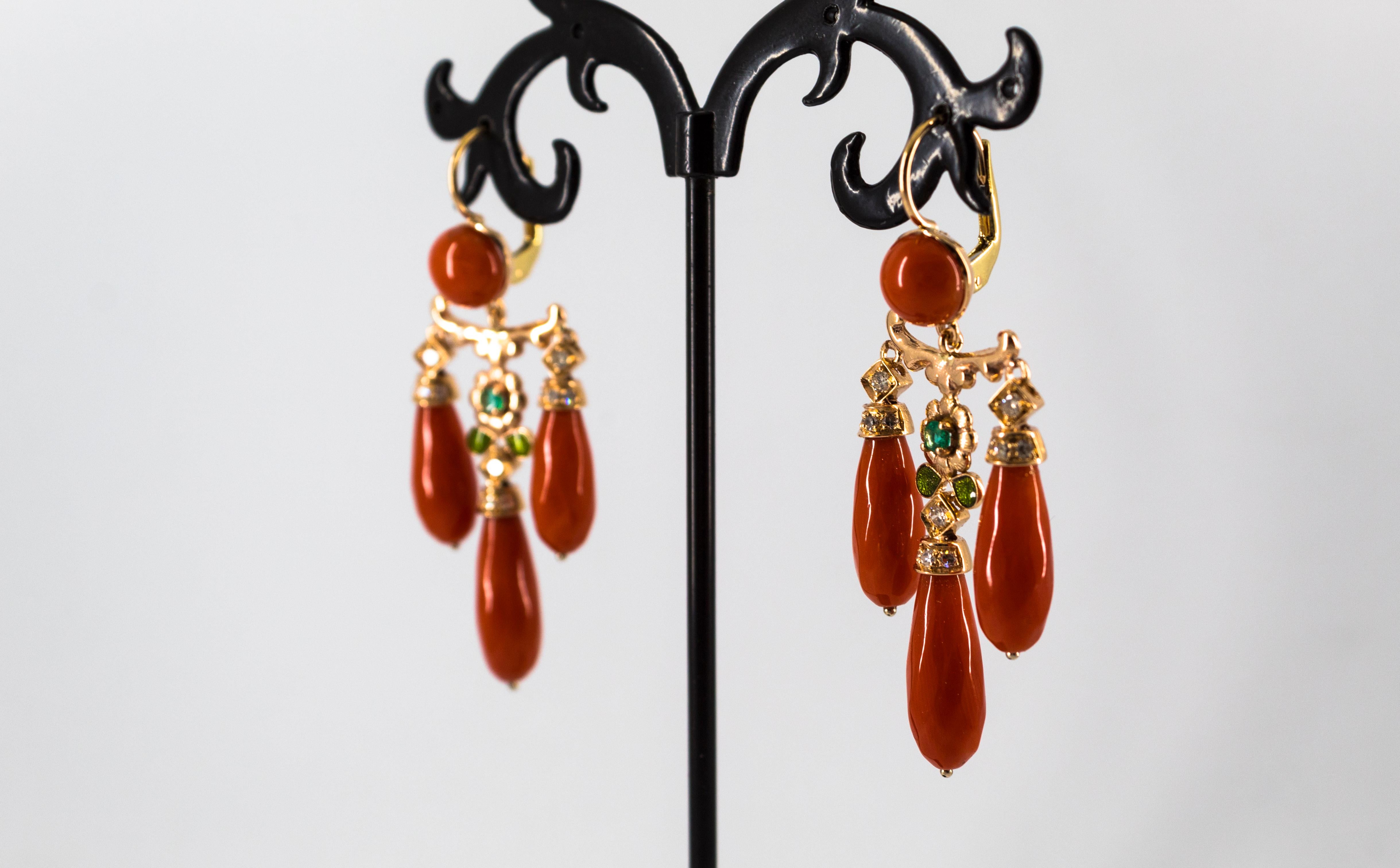 Art Nouveau Style Mediterranean Coral White Diamond Emerald Yellow Gold Earrings For Sale 5